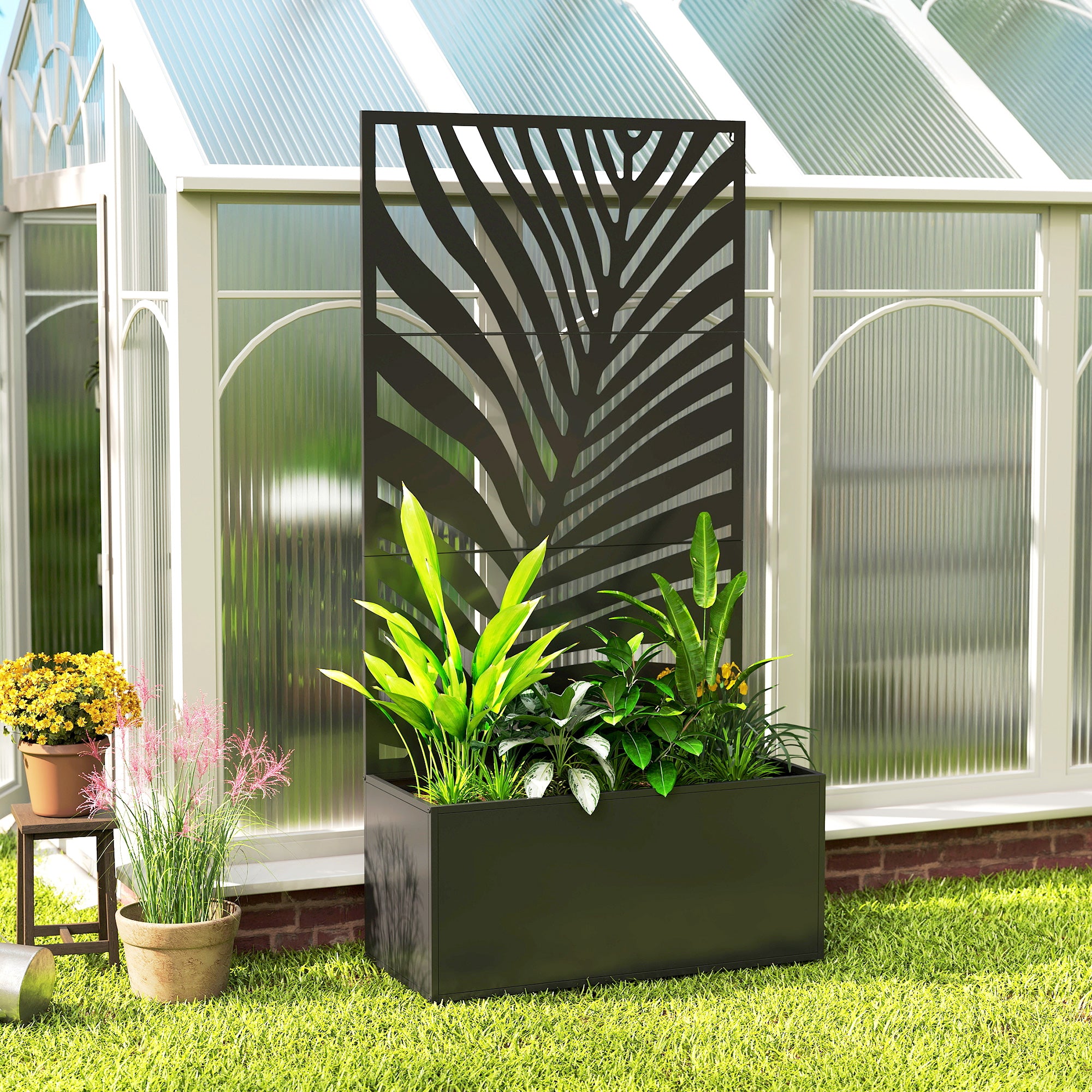 Planter with Trellis — Raised Flower Bed with Privacy Screen for Climbing Plants, Vegetables & Flowers, Metal, Indoor/Outdoor, Garden/Patio/Balcony, 35.4 x 15.7 x 70.9 in (90 x 40 x 180 cm), Black