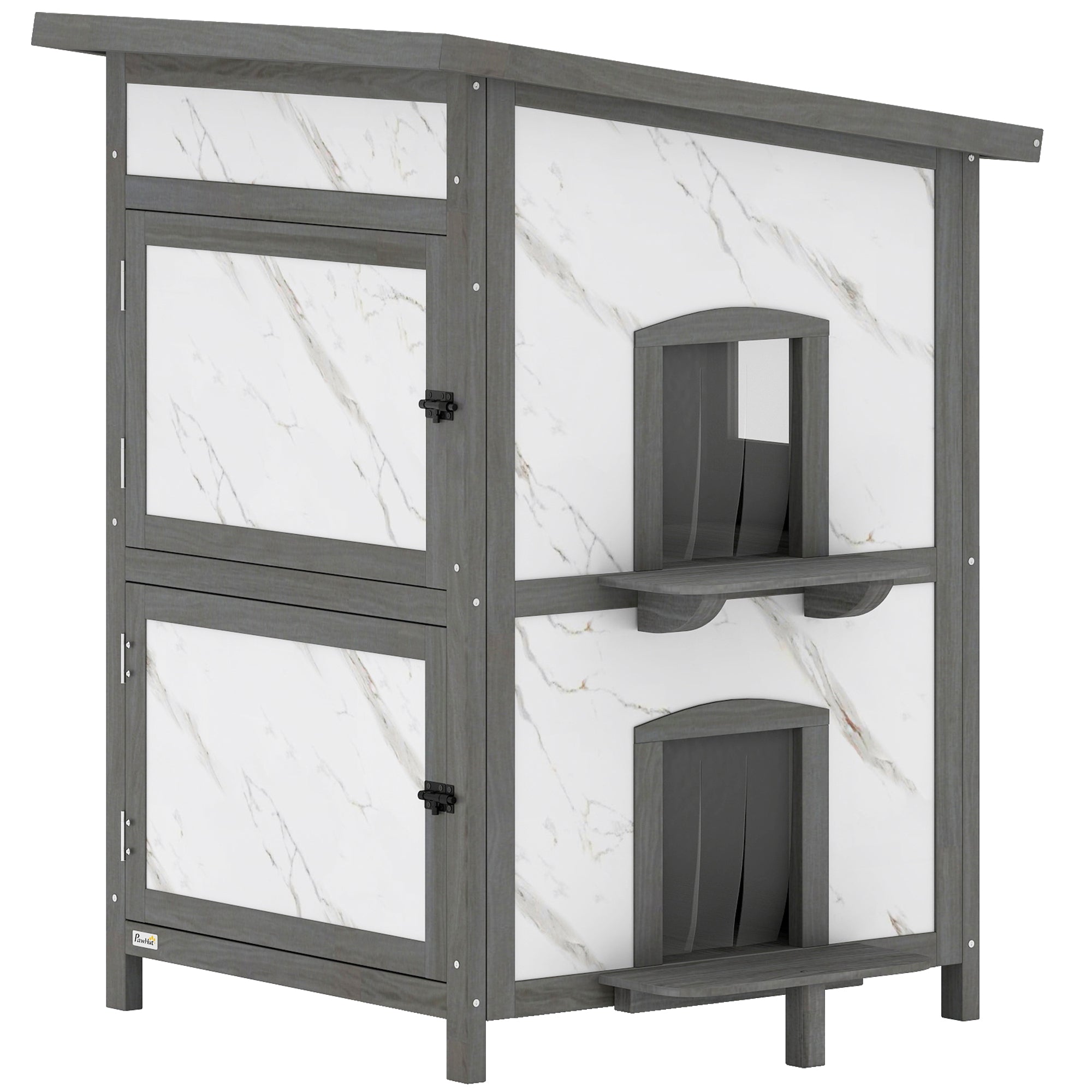 2-Story Insulated Outdoor Wooden Cat House with Window, Multiple Doors, Water-Resistant Roof, Cat Den Box for Outdoors — 24 x 24 x 34.6 in (60 x 60 x 88 cm), White