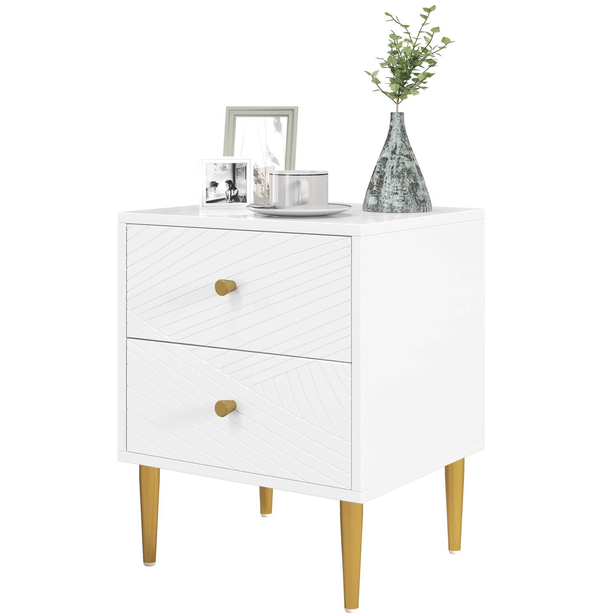 Bedside Table, Nightstand, with 2 Drawers, Gold Handles, Steel Legs, for Bedroom, Living Room, 40 x 35 x 50 cm, White