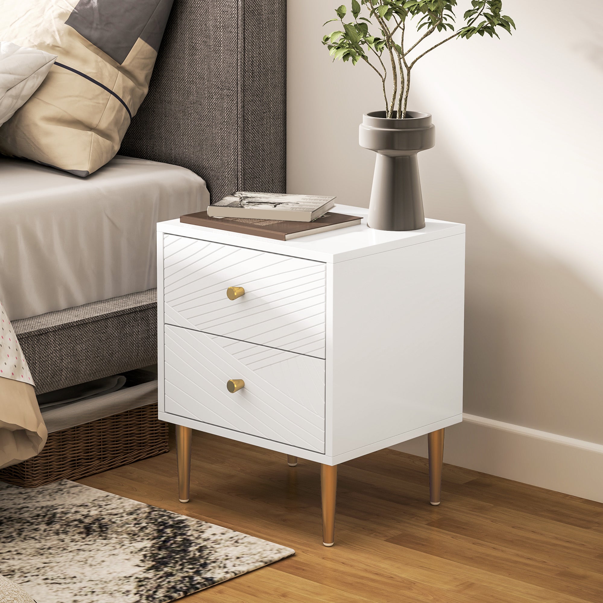 Bedside Table, Nightstand, with 2 Drawers, Gold Handles, Steel Legs, for Bedroom, Living Room, 40 x 35 x 50 cm, White