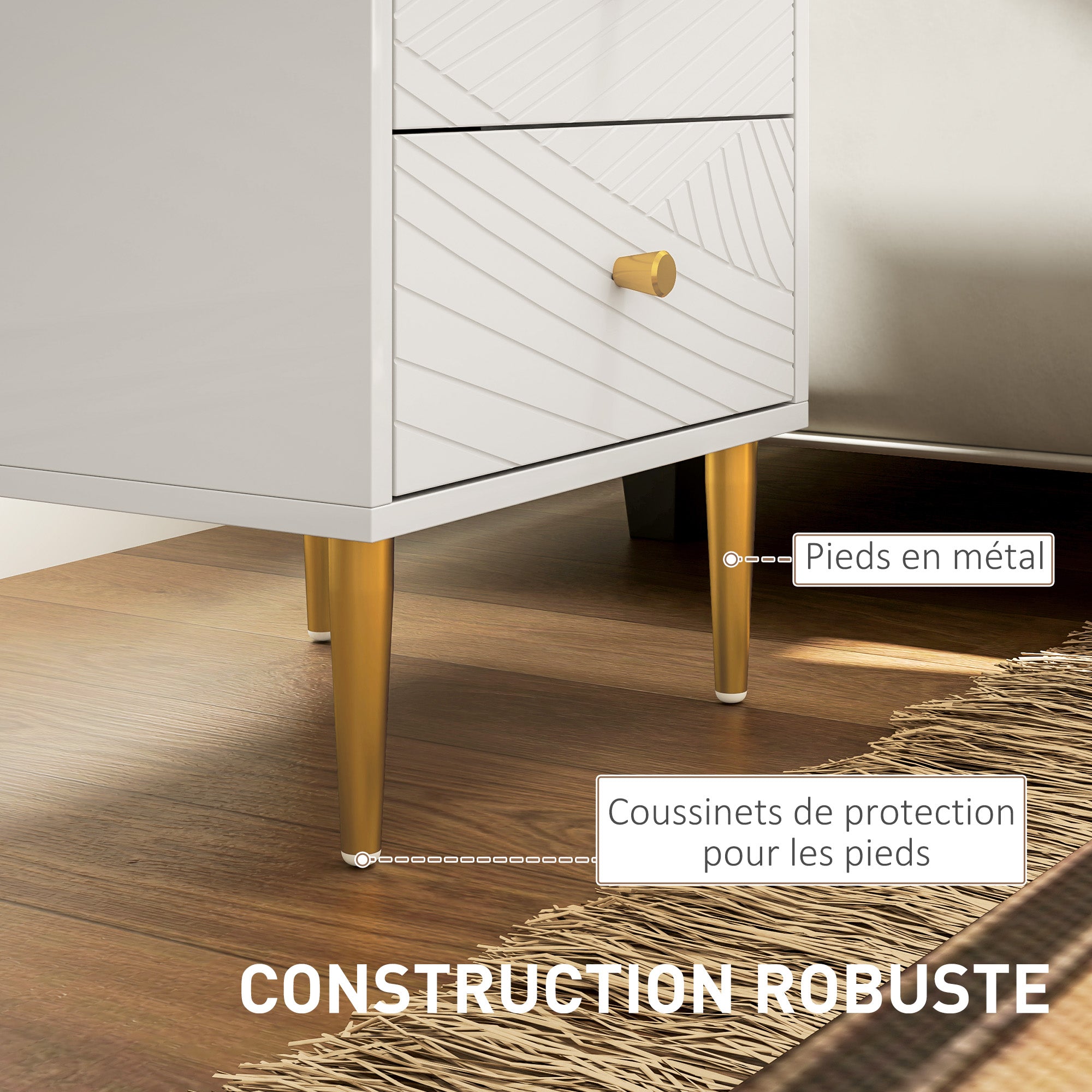 Bedside Table, Nightstand, with 2 Drawers, Gold Handles, Steel Legs, for Bedroom, Living Room, 40 x 35 x 50 cm, White