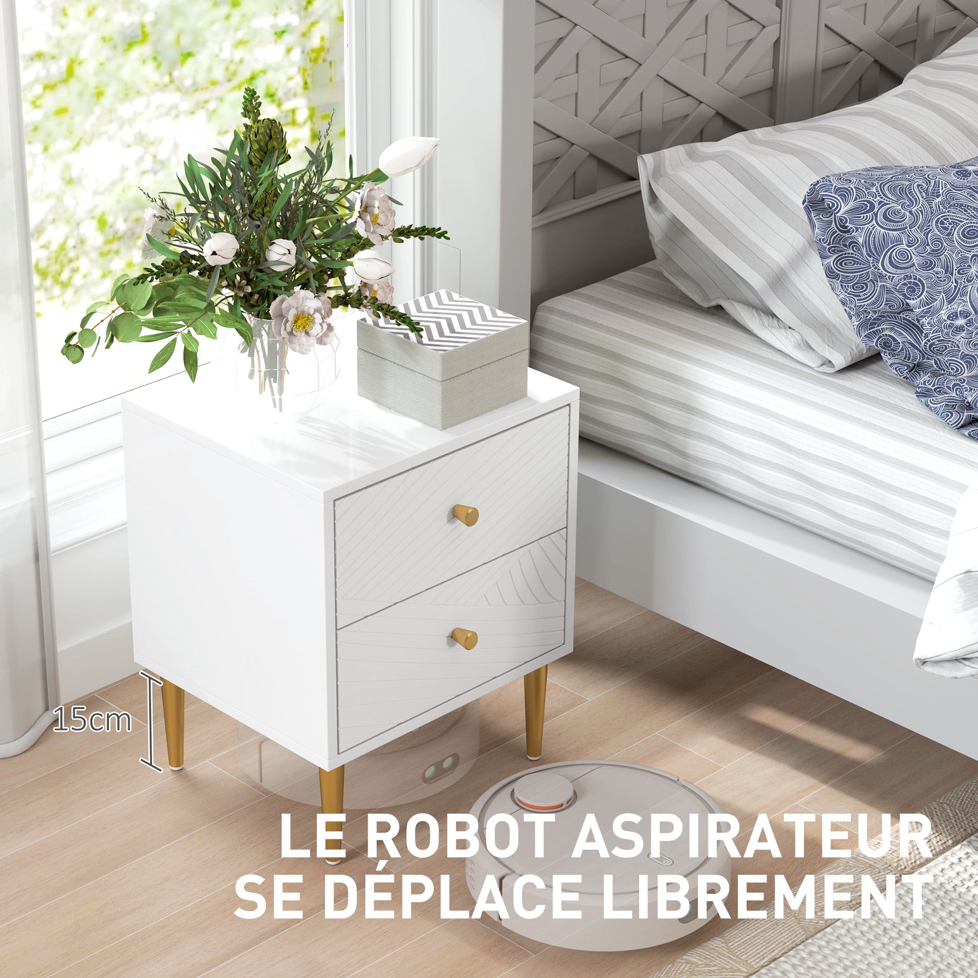 Bedside Table, Nightstand, with 2 Drawers, Gold Handles, Steel Legs, for Bedroom, Living Room, 40 x 35 x 50 cm, White