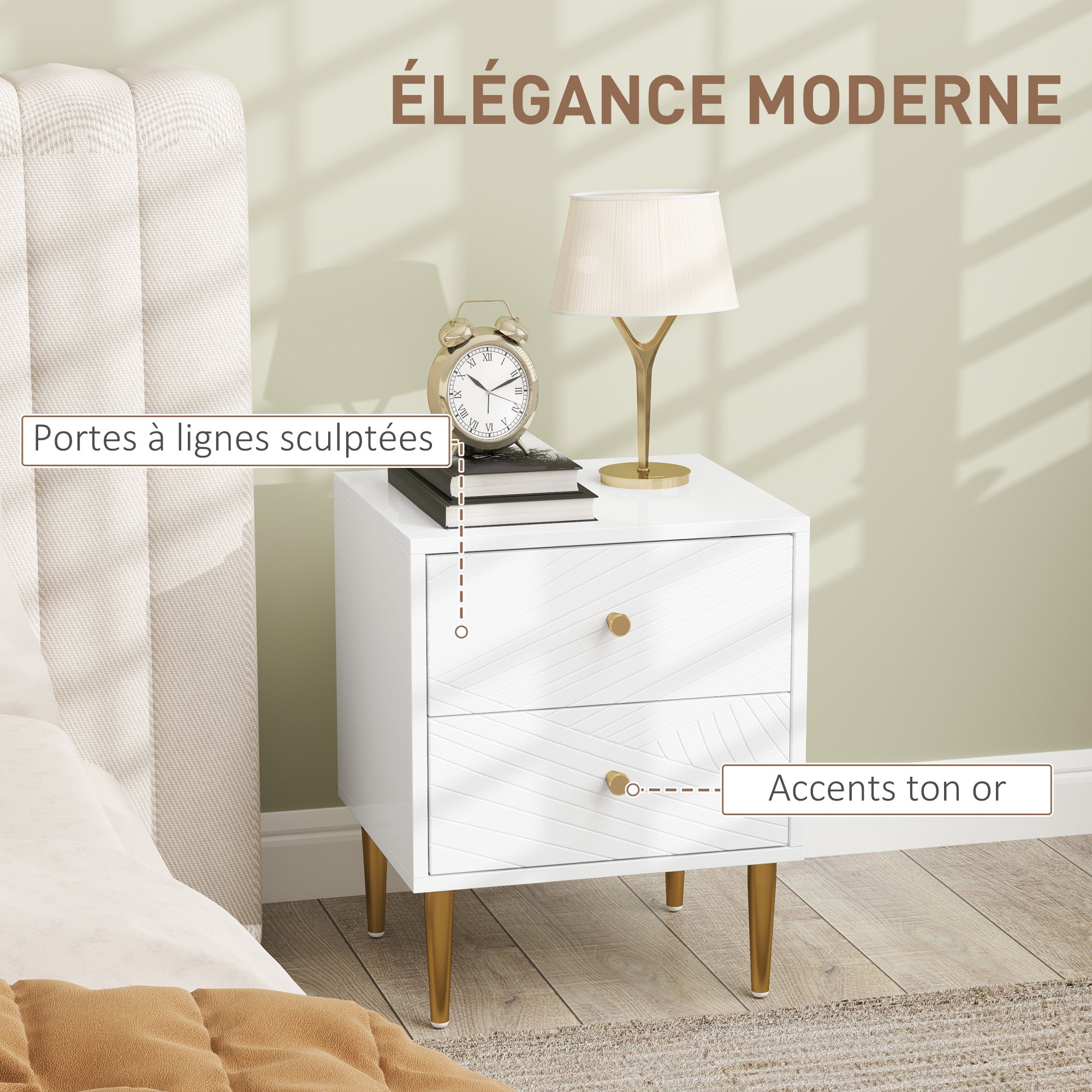 Bedside Table, Nightstand, with 2 Drawers, Gold Handles, Steel Legs, for Bedroom, Living Room, 40 x 35 x 50 cm, White