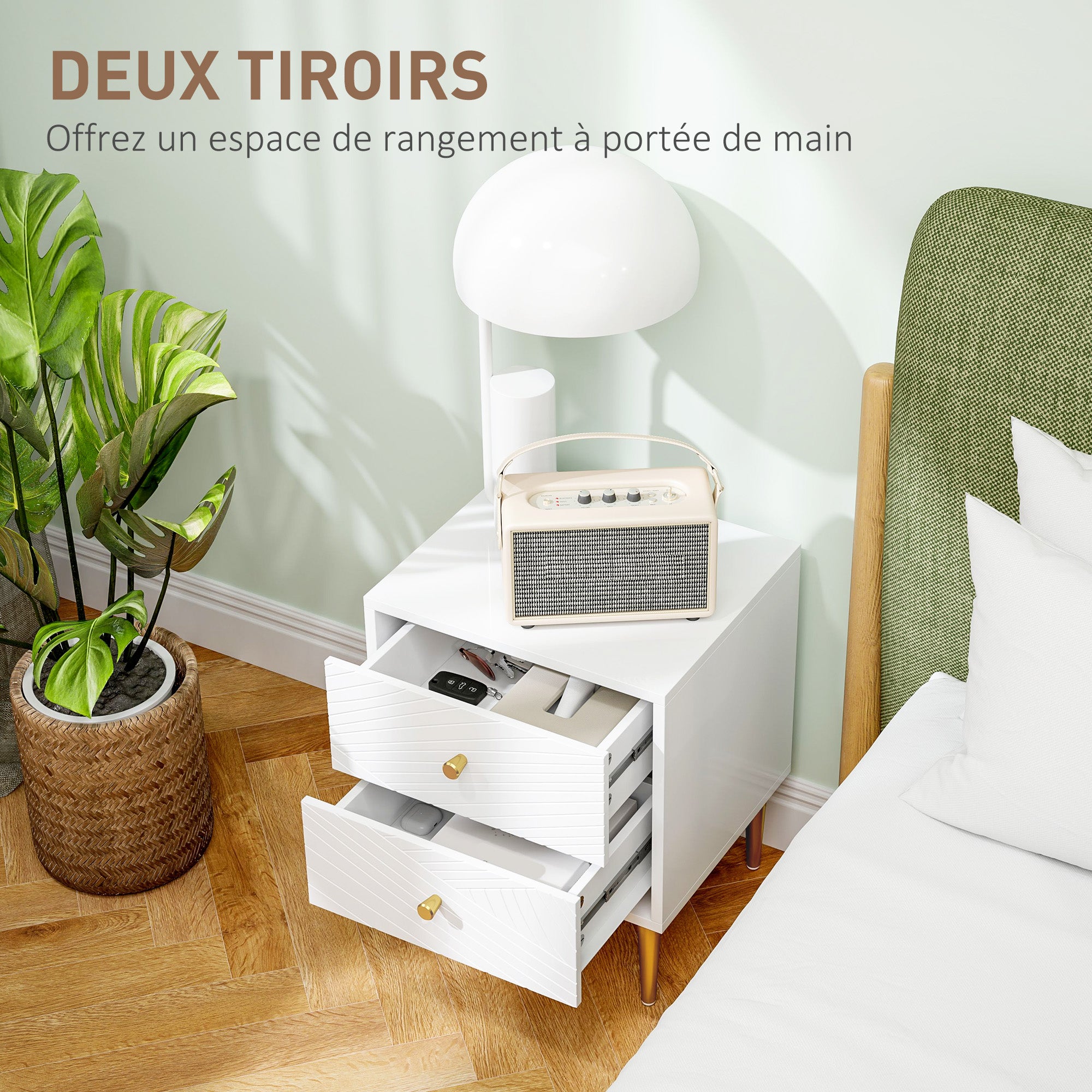 Bedside Table, Nightstand, with 2 Drawers, Gold Handles, Steel Legs, for Bedroom, Living Room, 40 x 35 x 50 cm, White