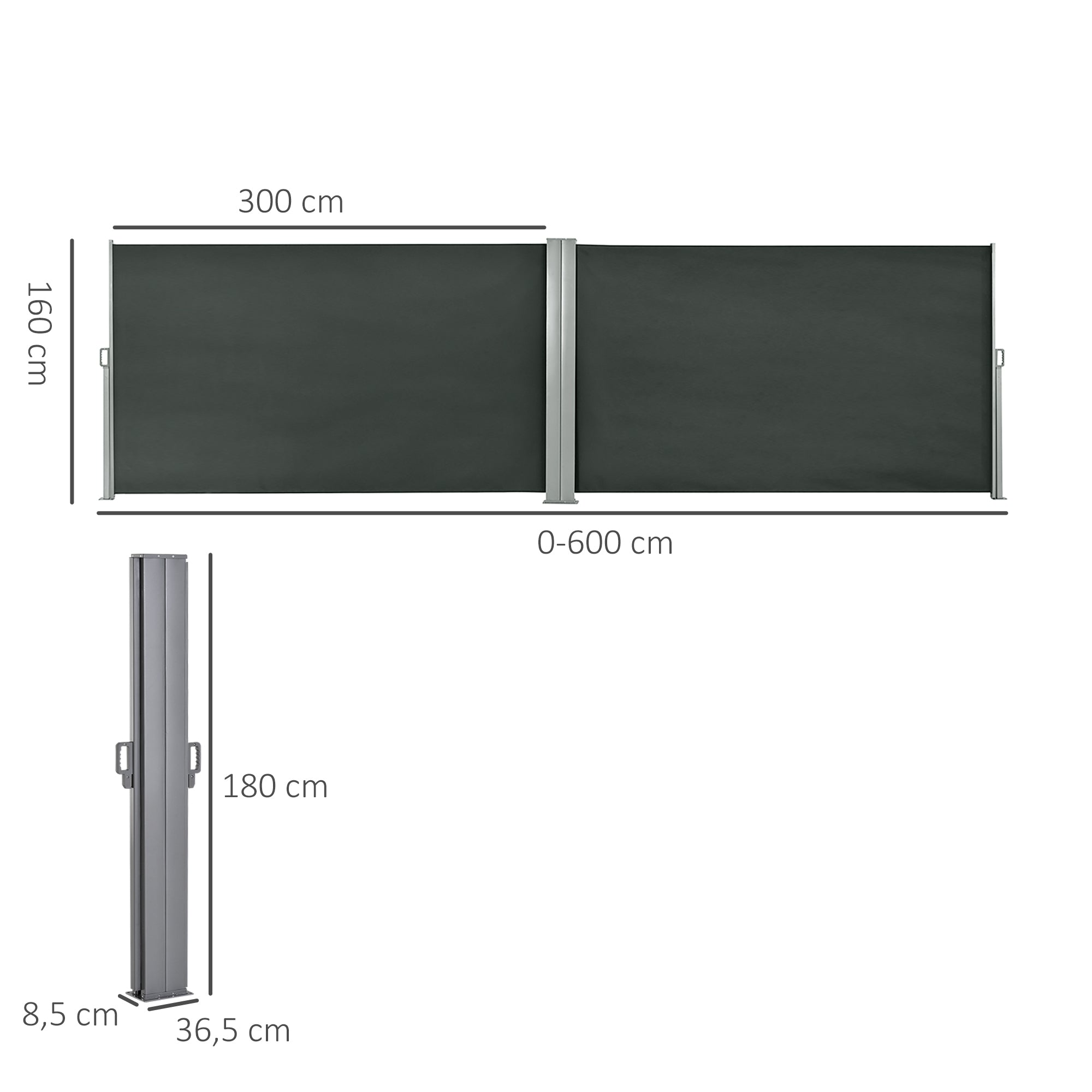 Double Side Awning Privacy Screen Retractable Windbreak 6L x 1.80H m High-Density 180 g/m² Anti-UV Polyester Gray