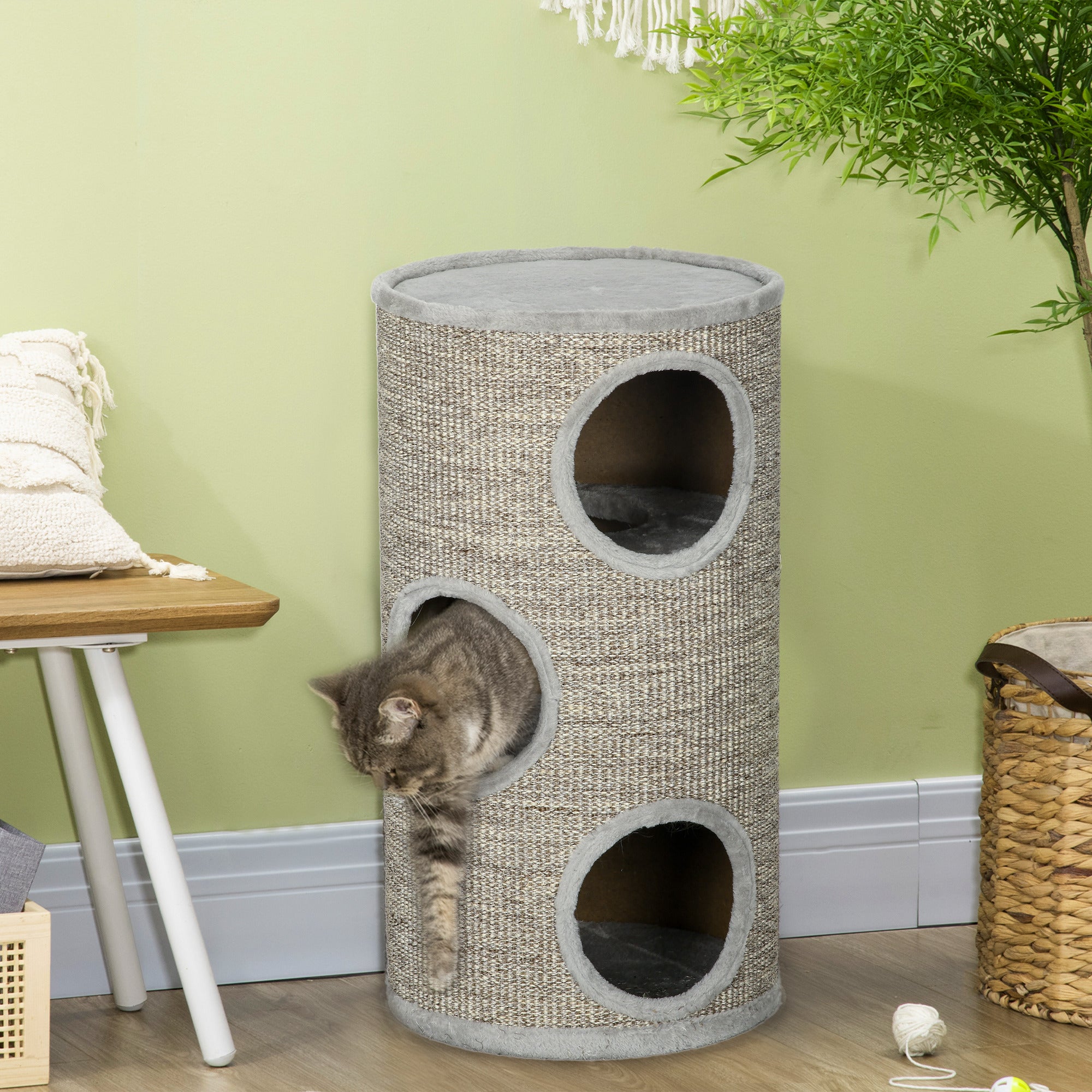 Scratching Barrel 70 cm High Ø 38 cm Three-Story Cat Barrel with Plush Edge, Cat Cave, Scratching Post for Small Cats, Gray
