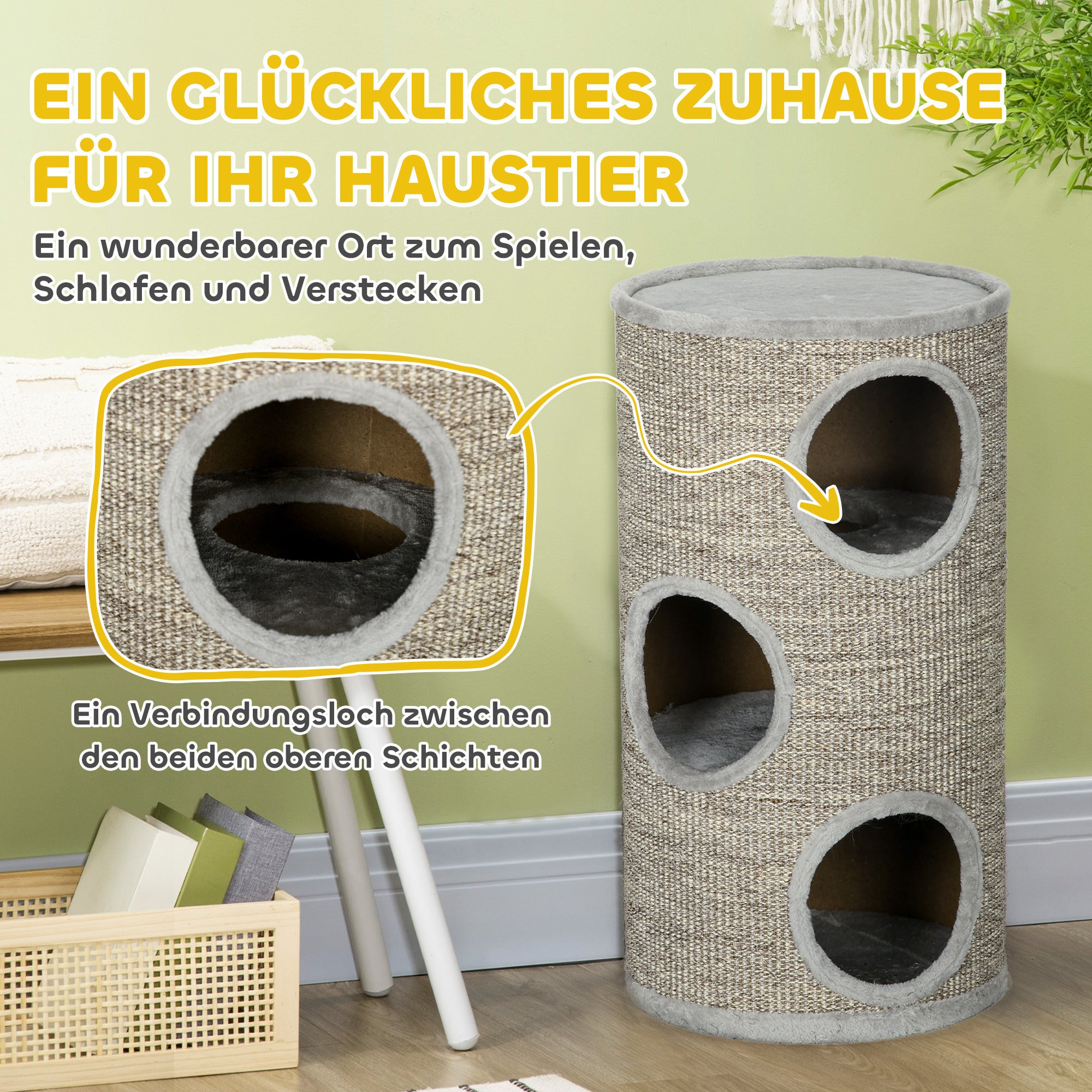 Scratching Barrel 70 cm High Ø 38 cm Three-Story Cat Barrel with Plush Edge, Cat Cave, Scratching Post for Small Cats, Gray