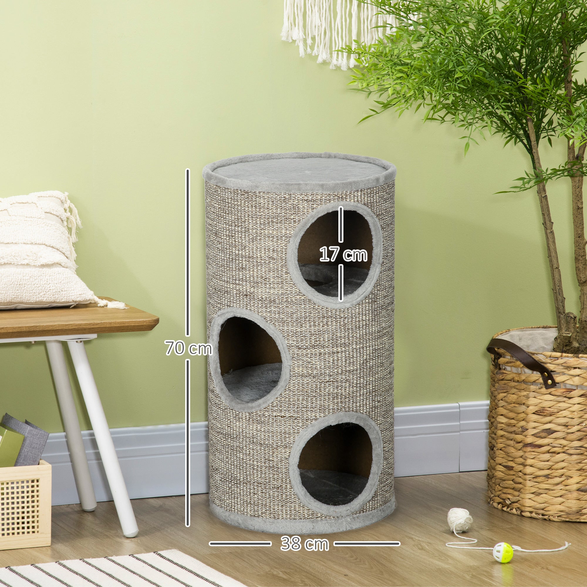 Scratching Barrel 70 cm High Ø 38 cm Three-Story Cat Barrel with Plush Edge, Cat Cave, Scratching Post for Small Cats, Gray
