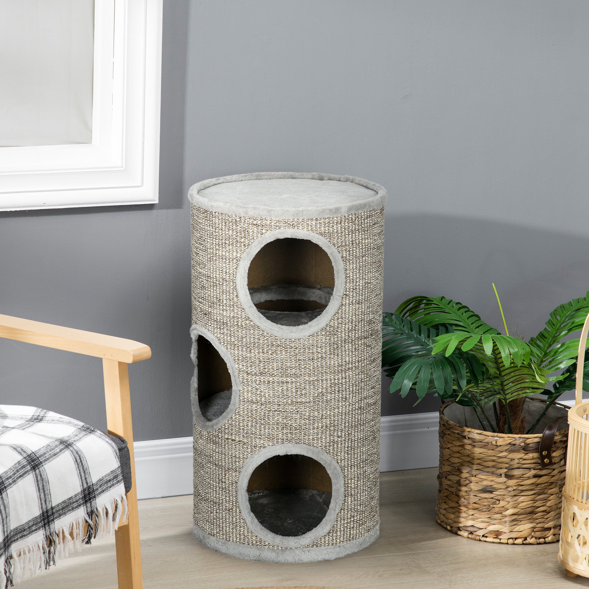 Scratching Barrel 70 cm High Ø 38 cm Three-Story Cat Barrel with Plush Edge, Cat Cave, Scratching Post for Small Cats, Gray