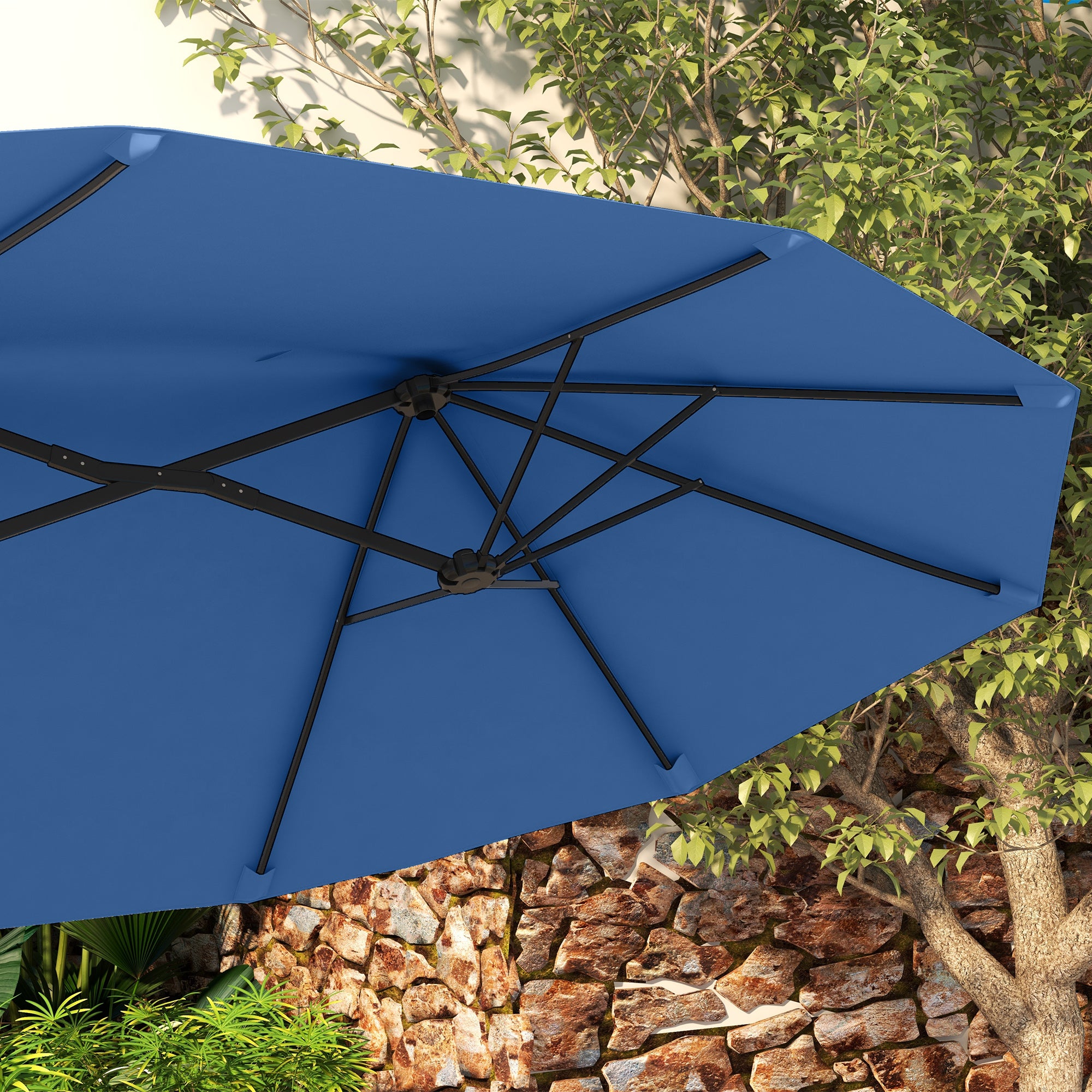 Double Patio Umbrella, 295 x 152 cm (116" x 60"), Tilt & Crank, Wind-Vented Oval Market Umbrella — Navy Blue