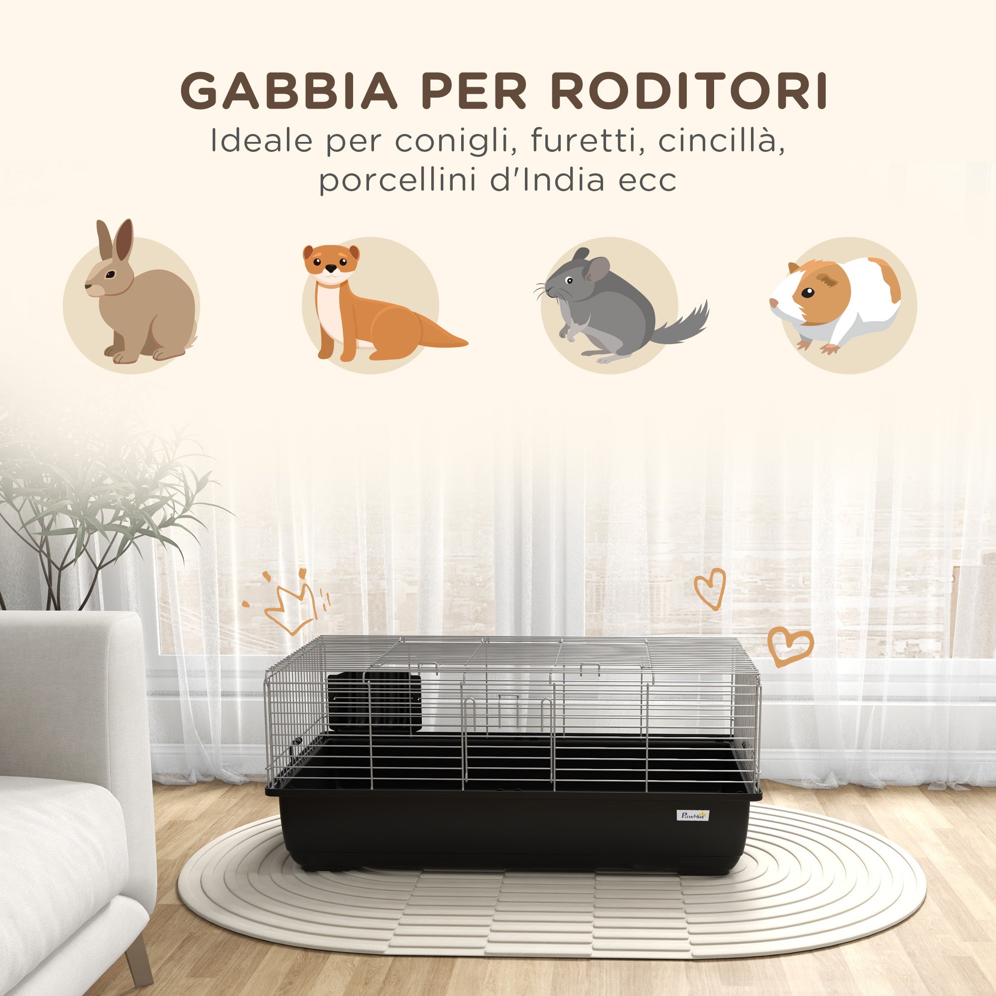 Rabbit Cage with 2 Openings and Removable Tray, Metal and PP Plastic Rodent Cage, 100x55x41 cm, Black and Silver