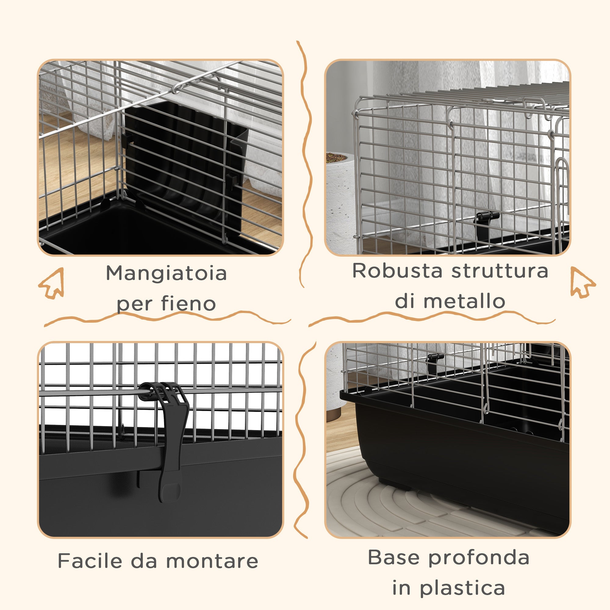 Rabbit Cage with 2 Openings and Removable Tray, Metal and PP Plastic Rodent Cage, 100x55x41 cm, Black and Silver