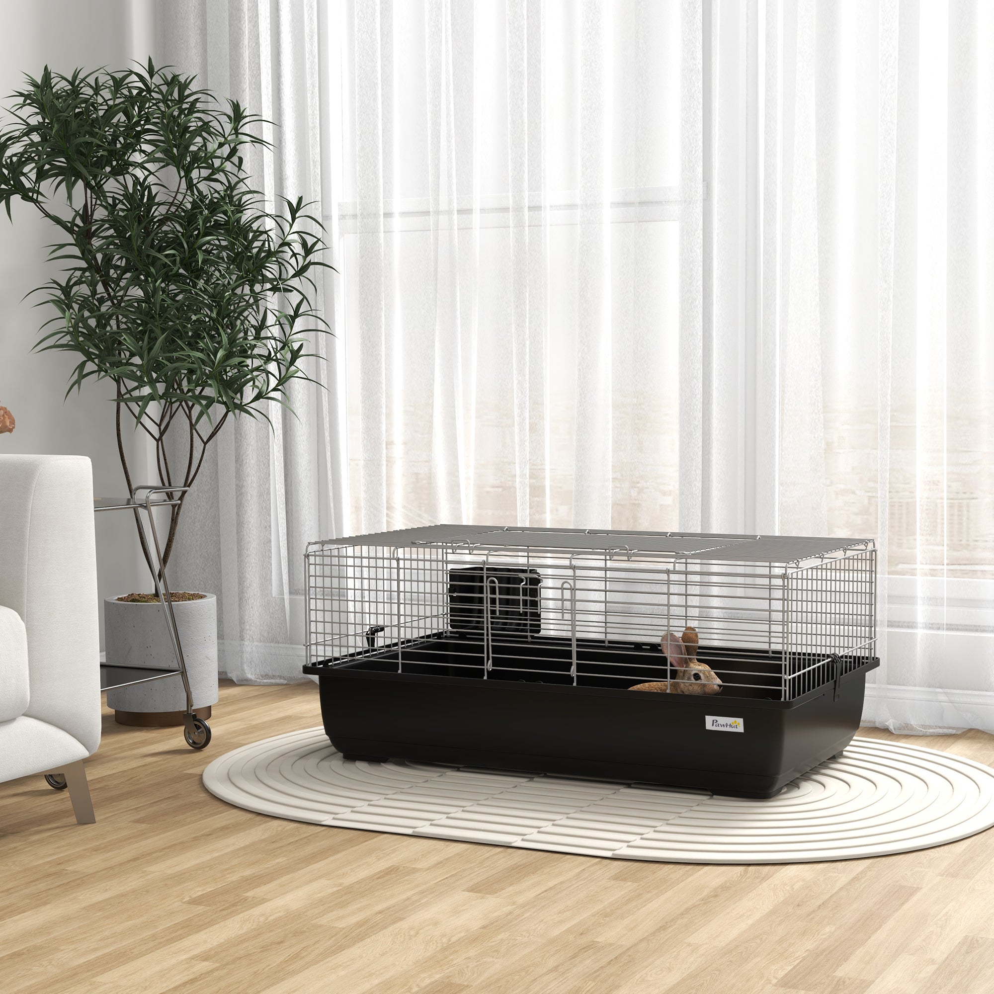 Rabbit Cage with 2 Openings and Removable Tray, Metal and PP Plastic Rodent Cage, 100x55x41 cm, Black and Silver