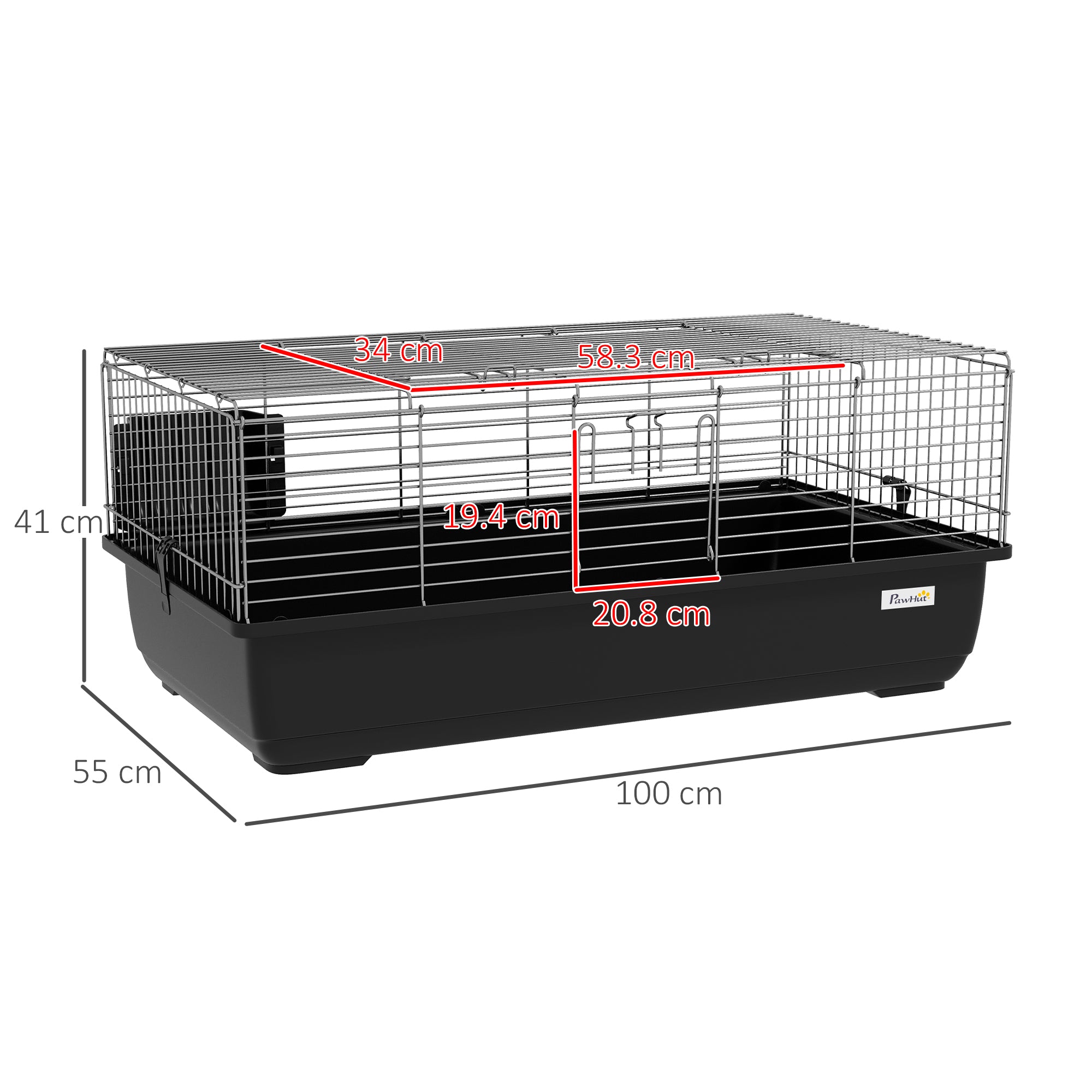 Rabbit Cage with 2 Openings and Removable Tray, Metal and PP Plastic Rodent Cage, 100x55x41 cm, Black and Silver