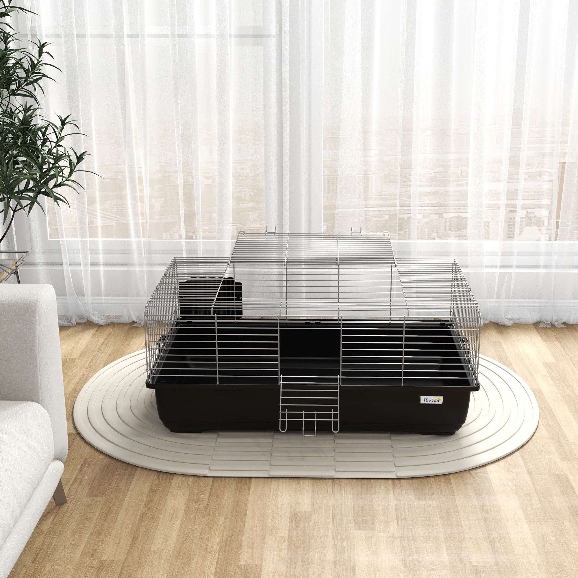 Rabbit Cage with 2 Openings and Removable Tray, Metal and PP Plastic Rodent Cage, 100x55x41 cm, Black and Silver