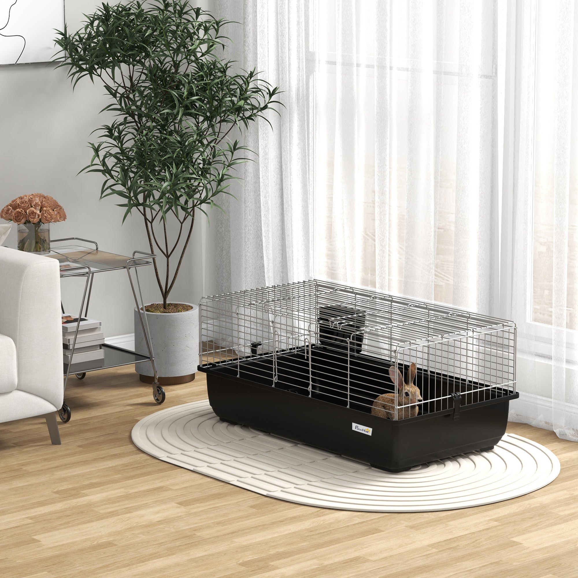 Rabbit Cage with 2 Openings and Removable Tray, Metal and PP Plastic Rodent Cage, 100x55x41 cm, Black and Silver