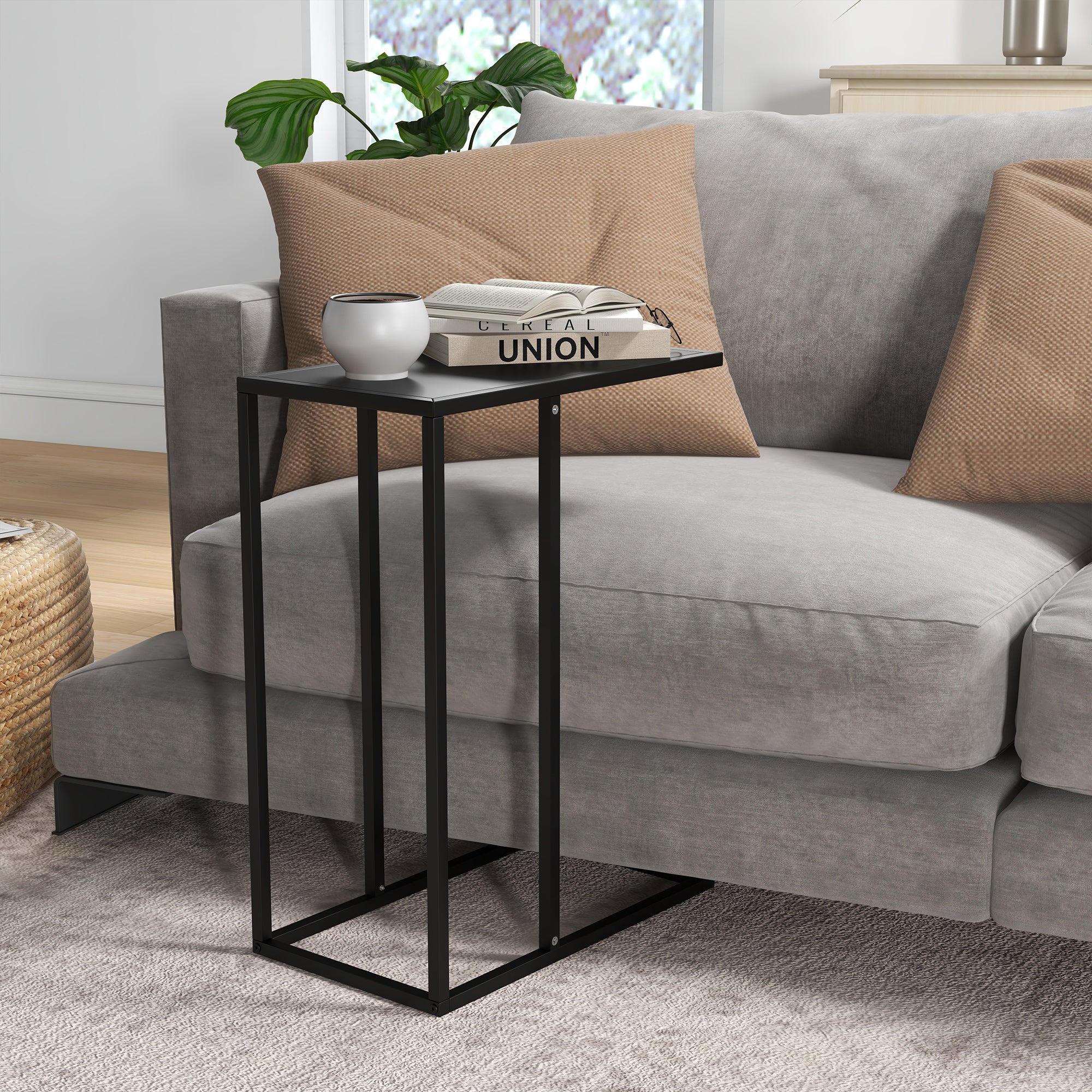 Side Table Coffee Table in C-Shape, End Table with Steel Frame, Laptop Table, Living Room Table for Bedroom, Office, Black, 46 x 26 x 60 cm