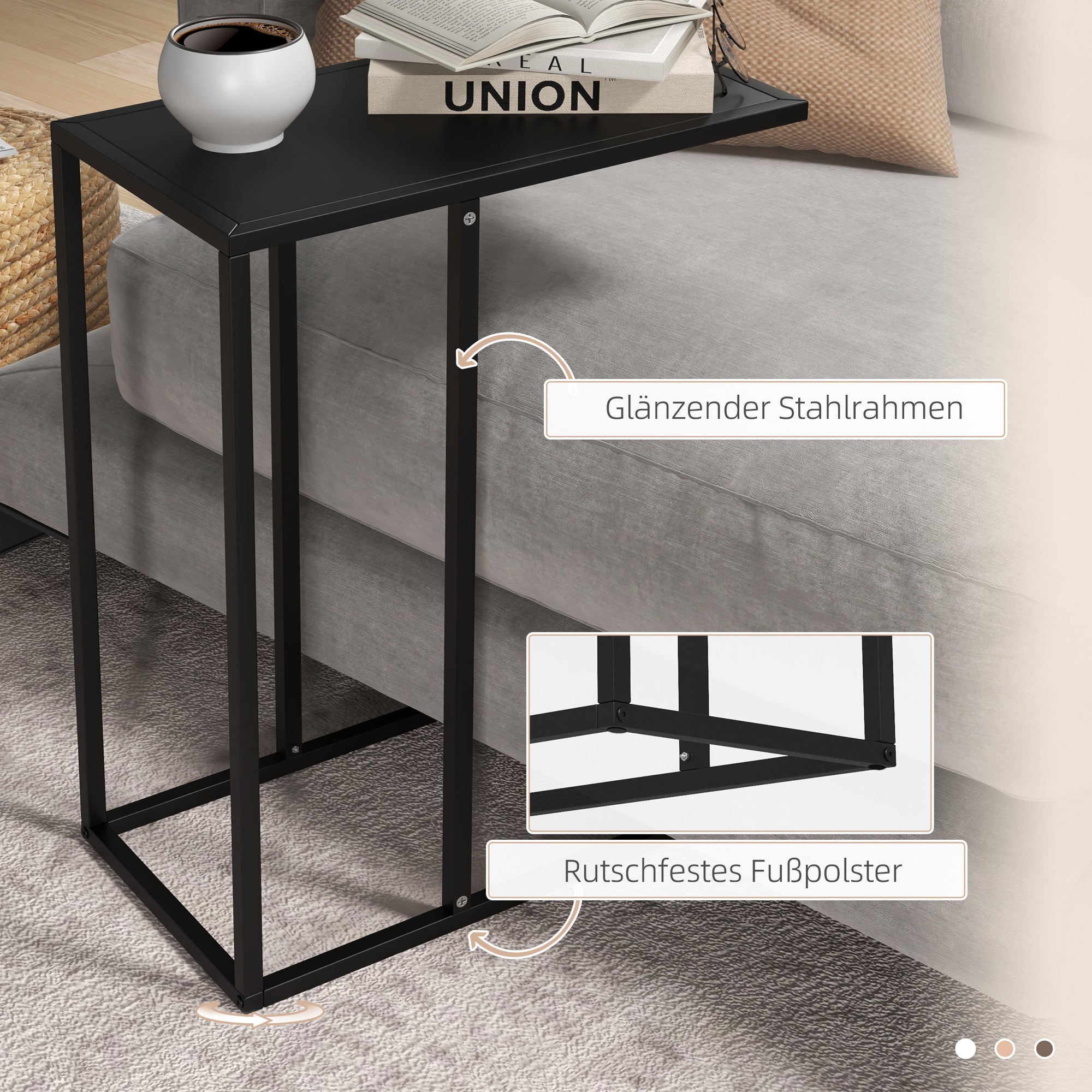 Side Table Coffee Table in C-Shape, End Table with Steel Frame, Laptop Table, Living Room Table for Bedroom, Office, Black, 46 x 26 x 60 cm
