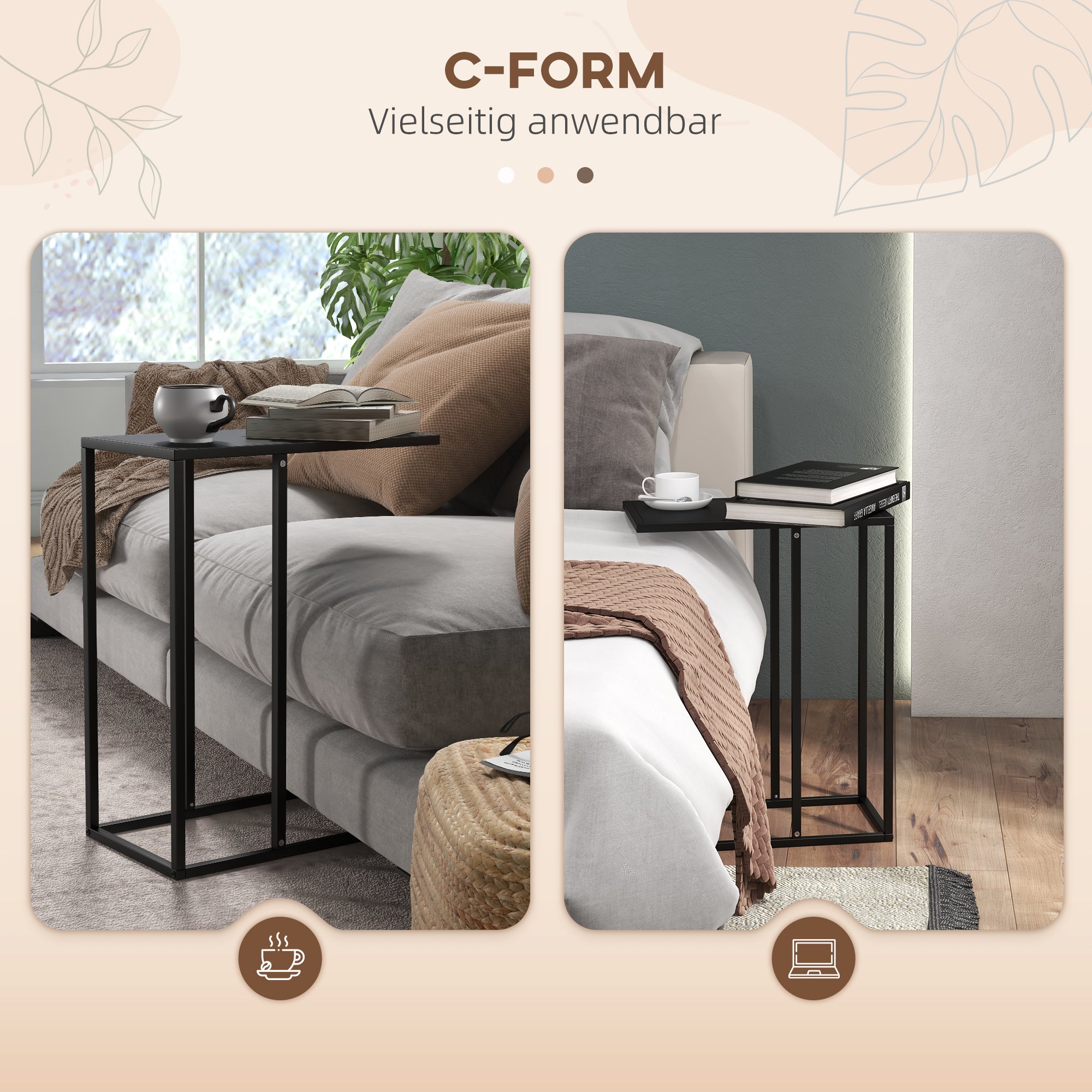 Side Table Coffee Table in C-Shape, End Table with Steel Frame, Laptop Table, Living Room Table for Bedroom, Office, Black, 46 x 26 x 60 cm