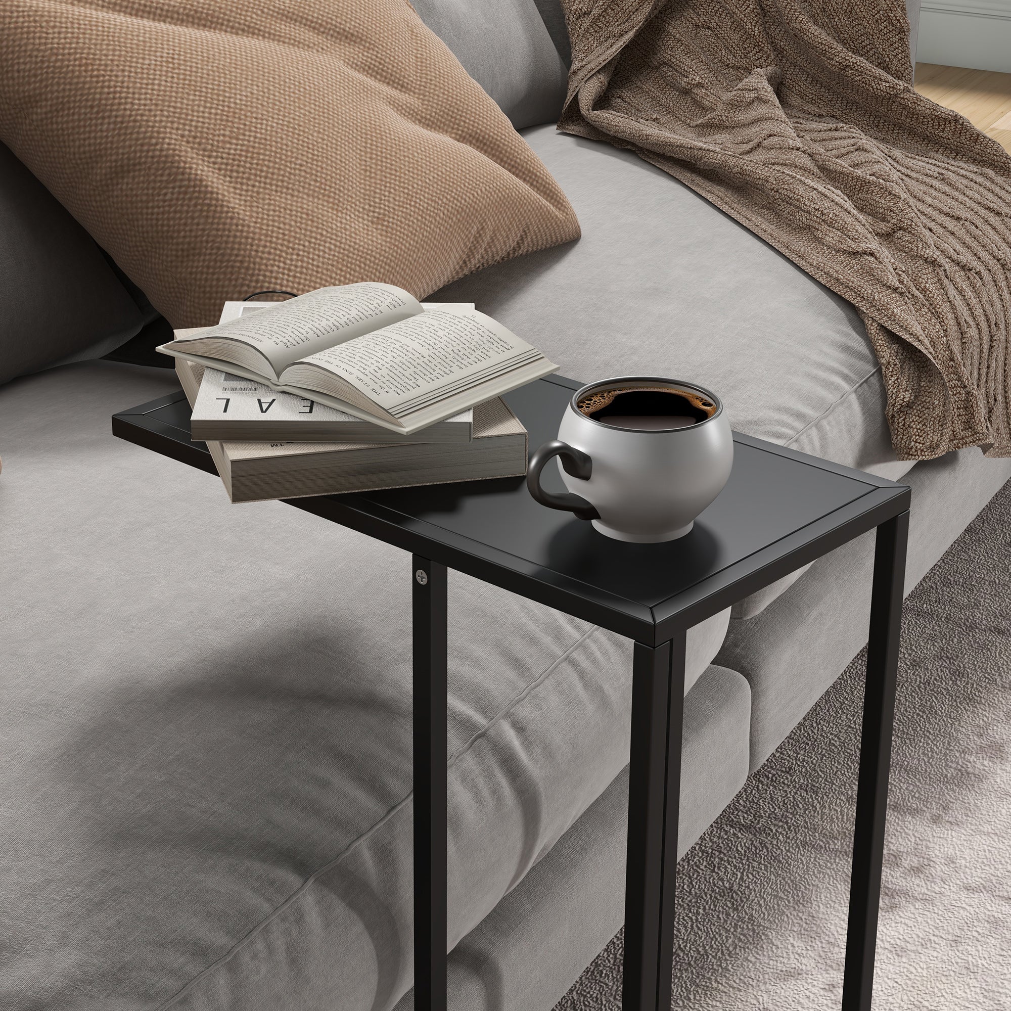 Side Table Coffee Table in C-Shape, End Table with Steel Frame, Laptop Table, Living Room Table for Bedroom, Office, Black, 46 x 26 x 60 cm
