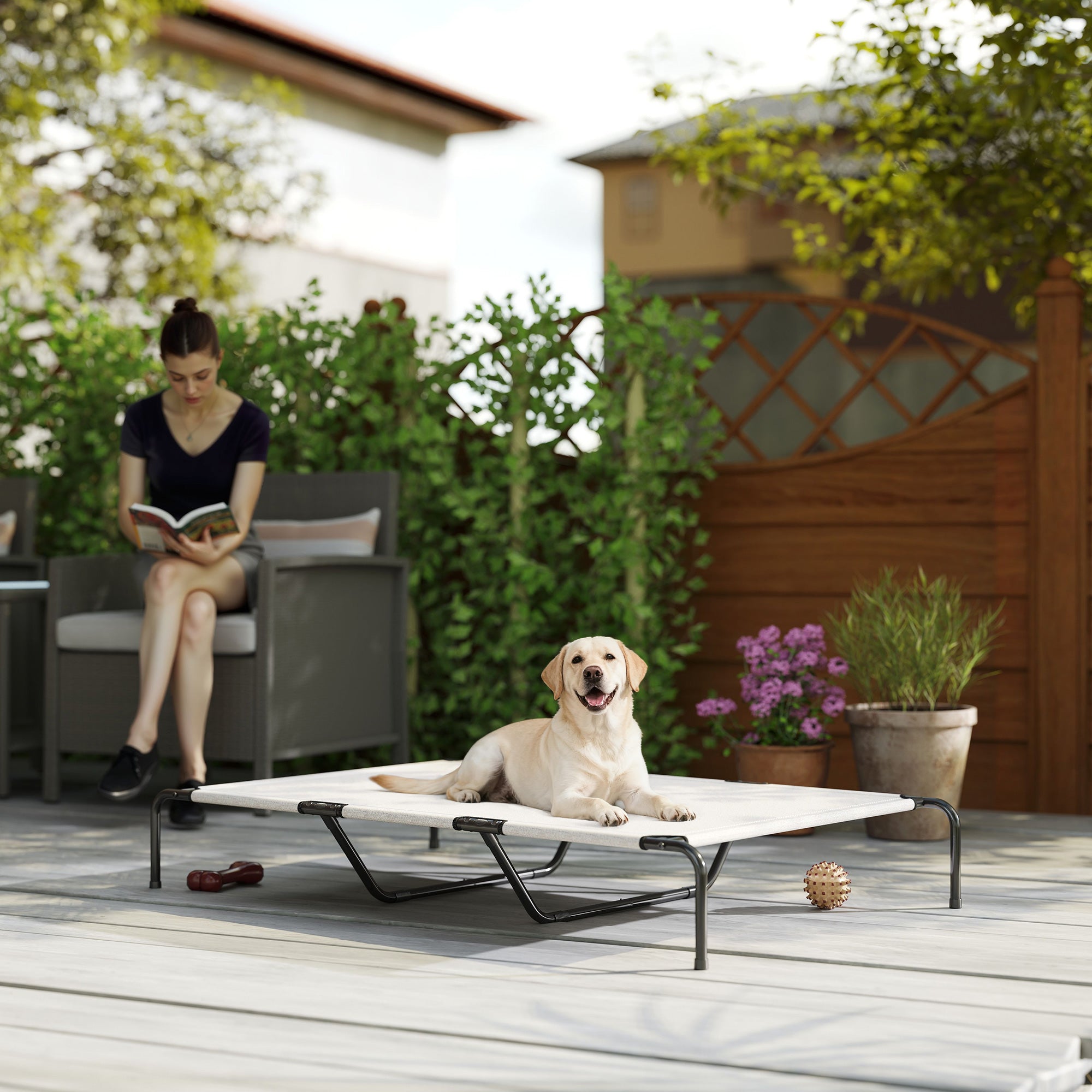 Outdoor Dog Lounger — Elevated Bed for Large Dogs, Cooling Pet Cot with Steel Frame and Breathable Mesh, Portable for Outdoors & Camping — 60 x 37 x 9 in (152 x 94 x 23 cm), Beige