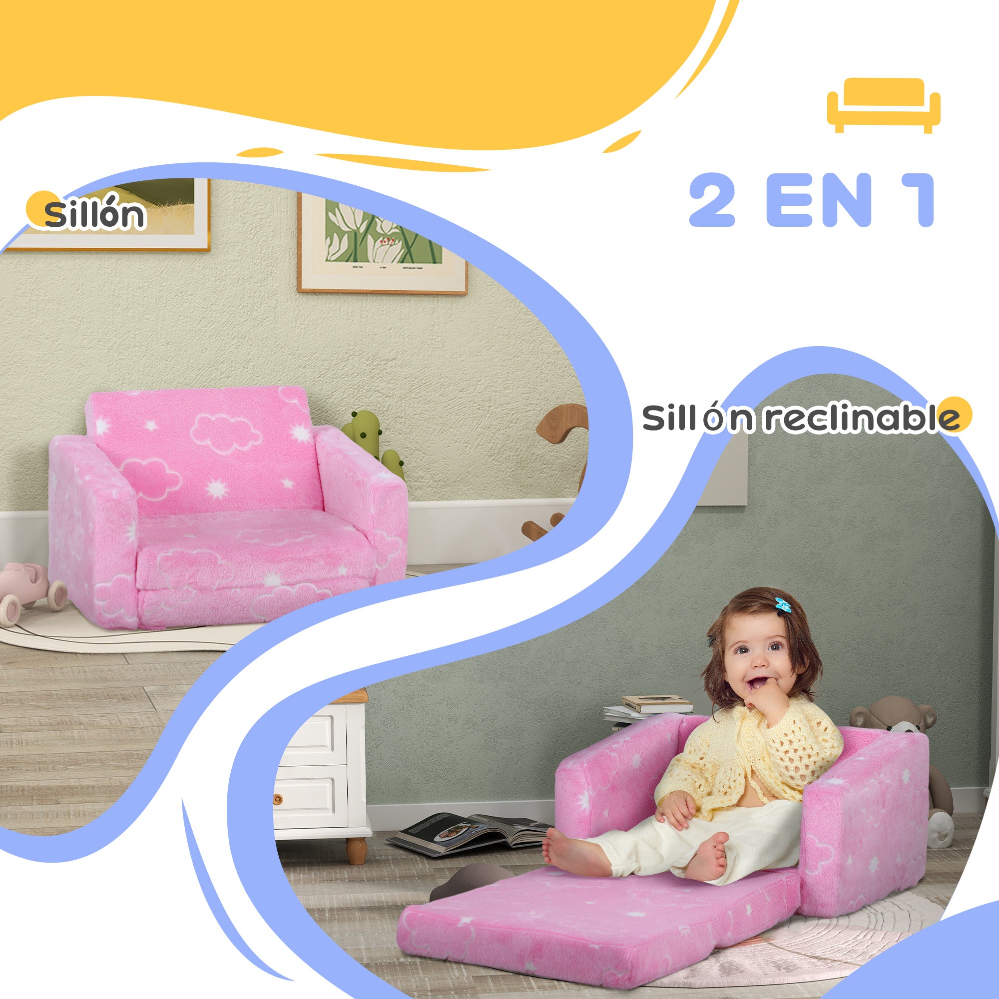 Kids Foldable Reclining Children's Sofa 2-in-1 Luminous Fabric Upholstered Sofa with Washable Cushion and Cover for Bedroom Living Room Pink