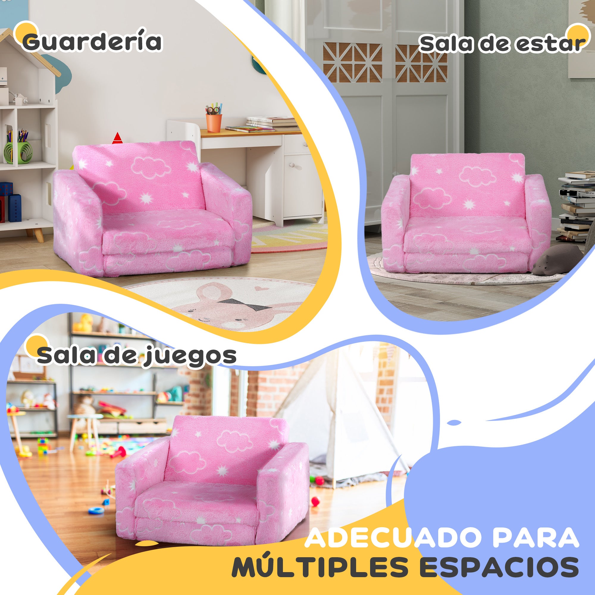 Kids Foldable Reclining Children's Sofa 2-in-1 Luminous Fabric Upholstered Sofa with Washable Cushion and Cover for Bedroom Living Room Pink