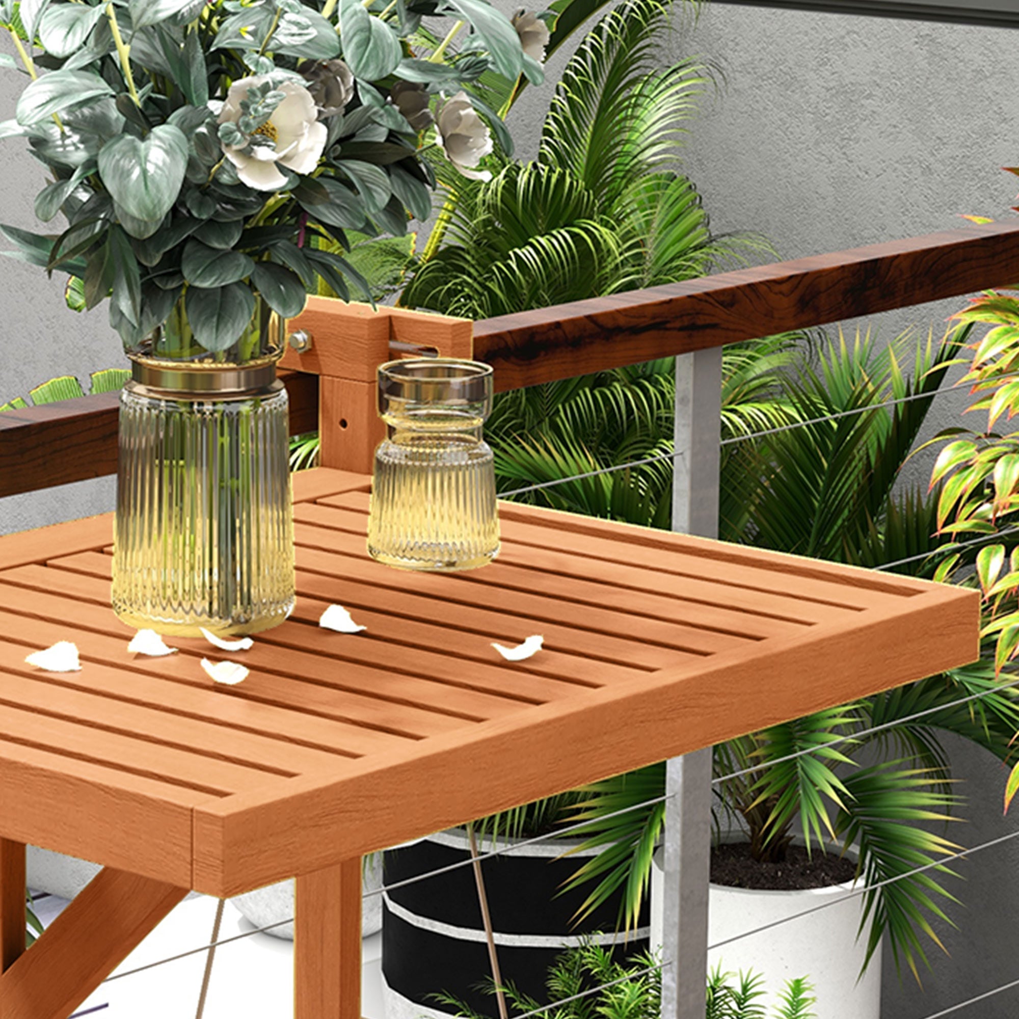 Hanging Balcony Table, Foldable Balcony Hanging Table, Adjustable Height Hanging Table, Holds up to 20 kg, for Terrace, Garden, Pine, 68 x 65 cm, Teak