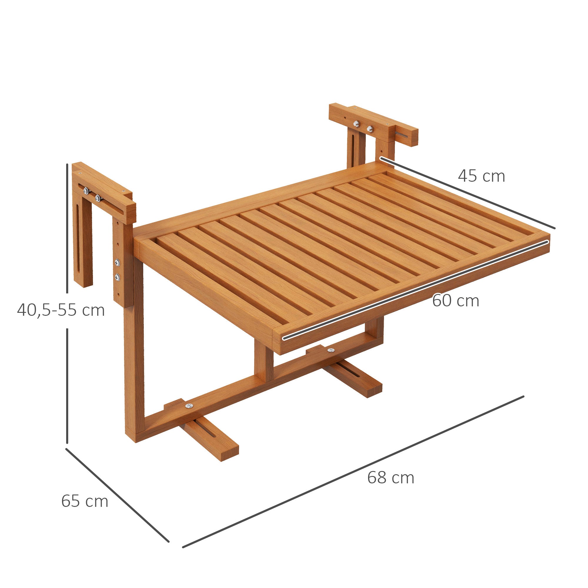 Hanging Balcony Table, Foldable Balcony Hanging Table, Adjustable Height Hanging Table, Holds up to 20 kg, for Terrace, Garden, Pine, 68 x 65 cm, Teak