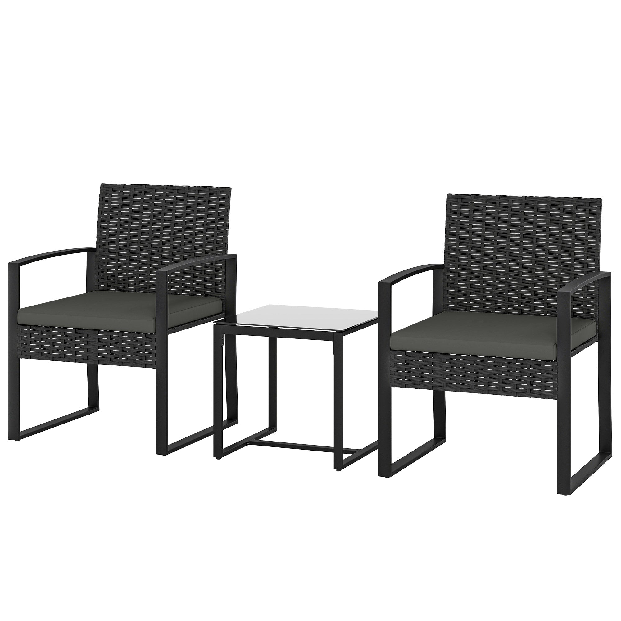 3-Piece Rattan Bistro Set — 2 Patio Chairs & Coffee Table with Removable Cushions, Dark Gray