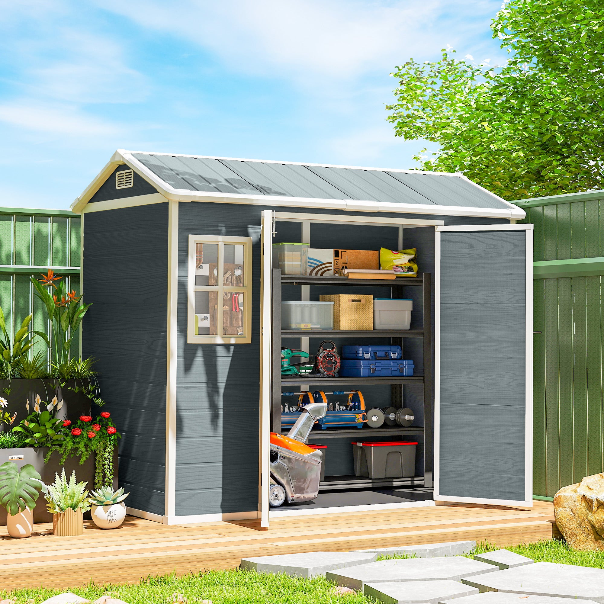 30 sq ft Wood-Effect Plastic Garden Shed — 244 × 131 × 201 cm (8'0" × 4'4" × 6'7") • Gable Roof, Double Doors, Windows, Ventilation, Floor, Lock & Gloves