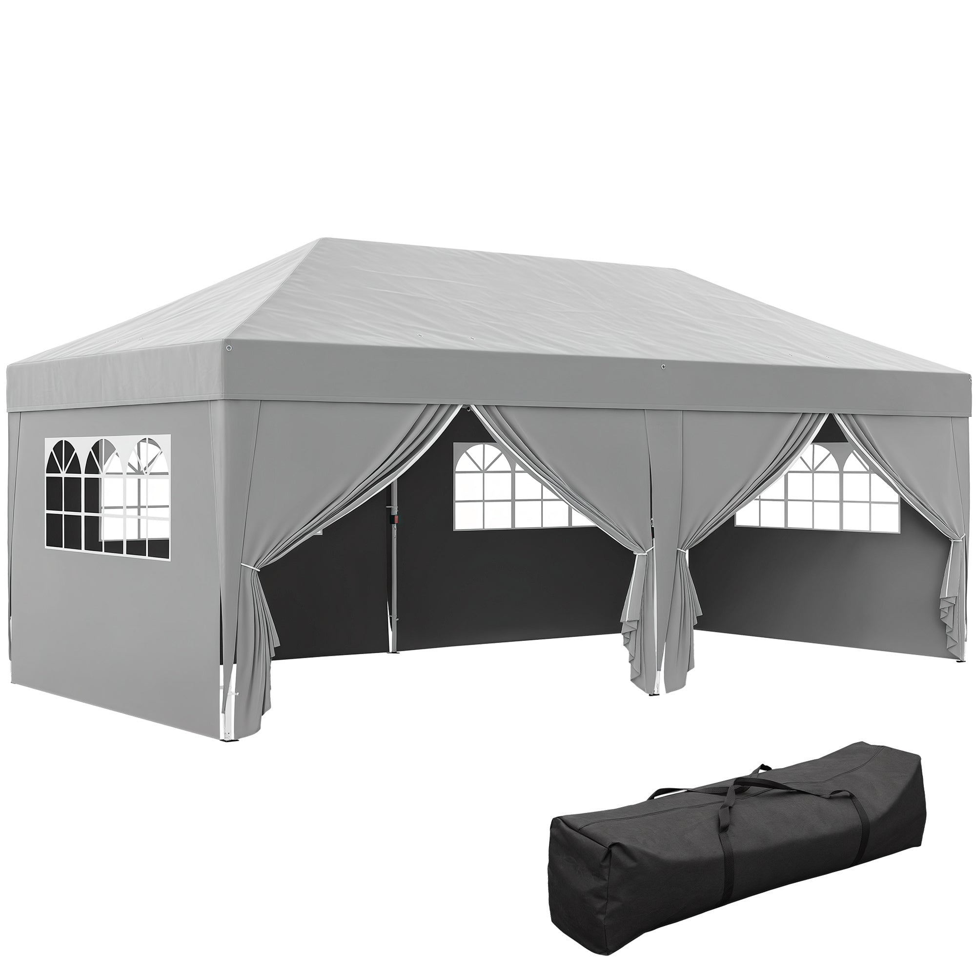 Outdoor Garden Gazebo 3 x 6 m Pop-Up Pergola with 6 Side Walls, Drainage Holes, Transport Bag Included, Foldable Canopy for Camping Festival Wedding, Grey