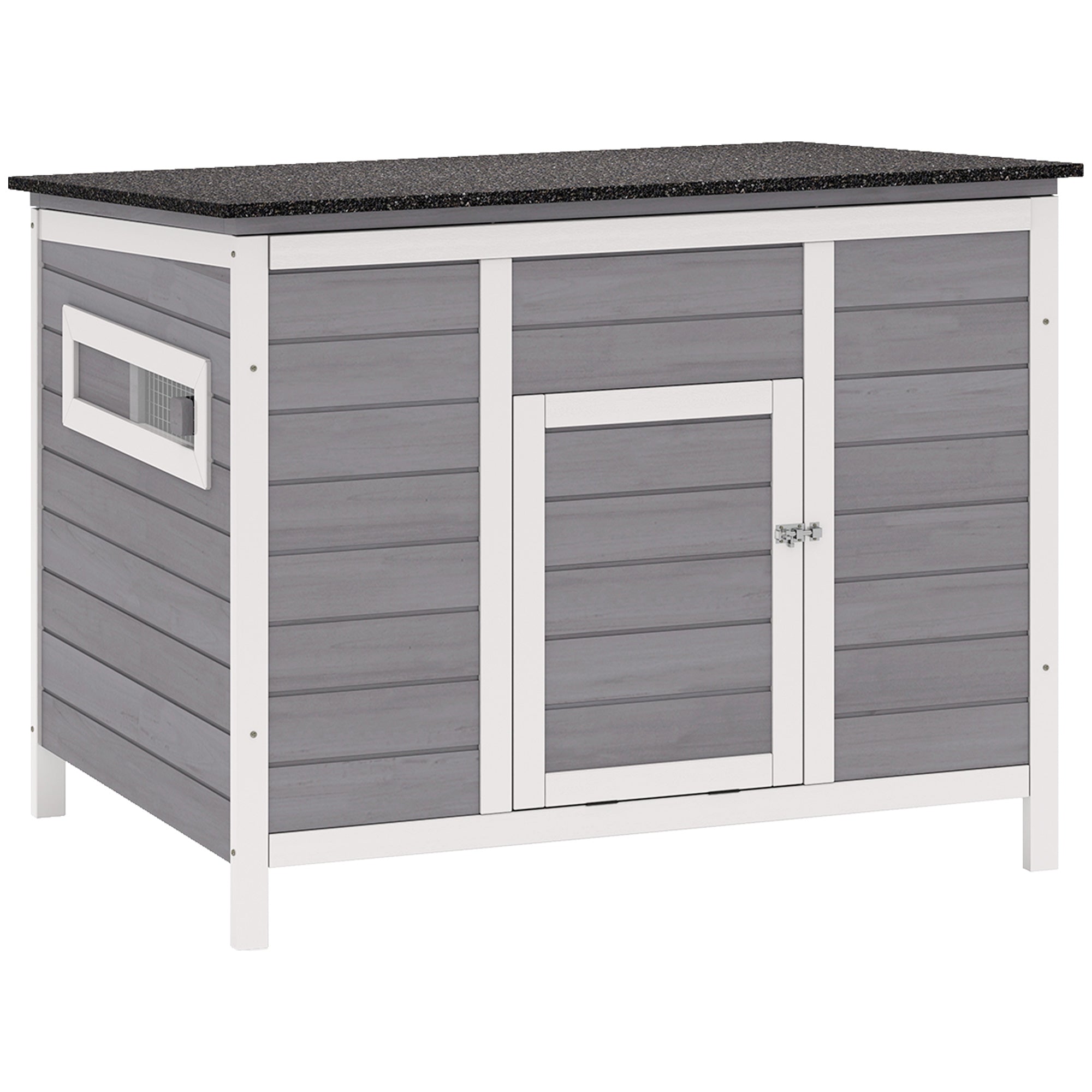 Weatherproof Wooden Duck House with Removable Floor, Sliding Windows & Asphalt Roof — Elevated Coop with Ramp for 2–3 Ducks/Chickens, Gray (93 x 70 x 72 cm / 36.6 x 27.6 x 28.3 in)