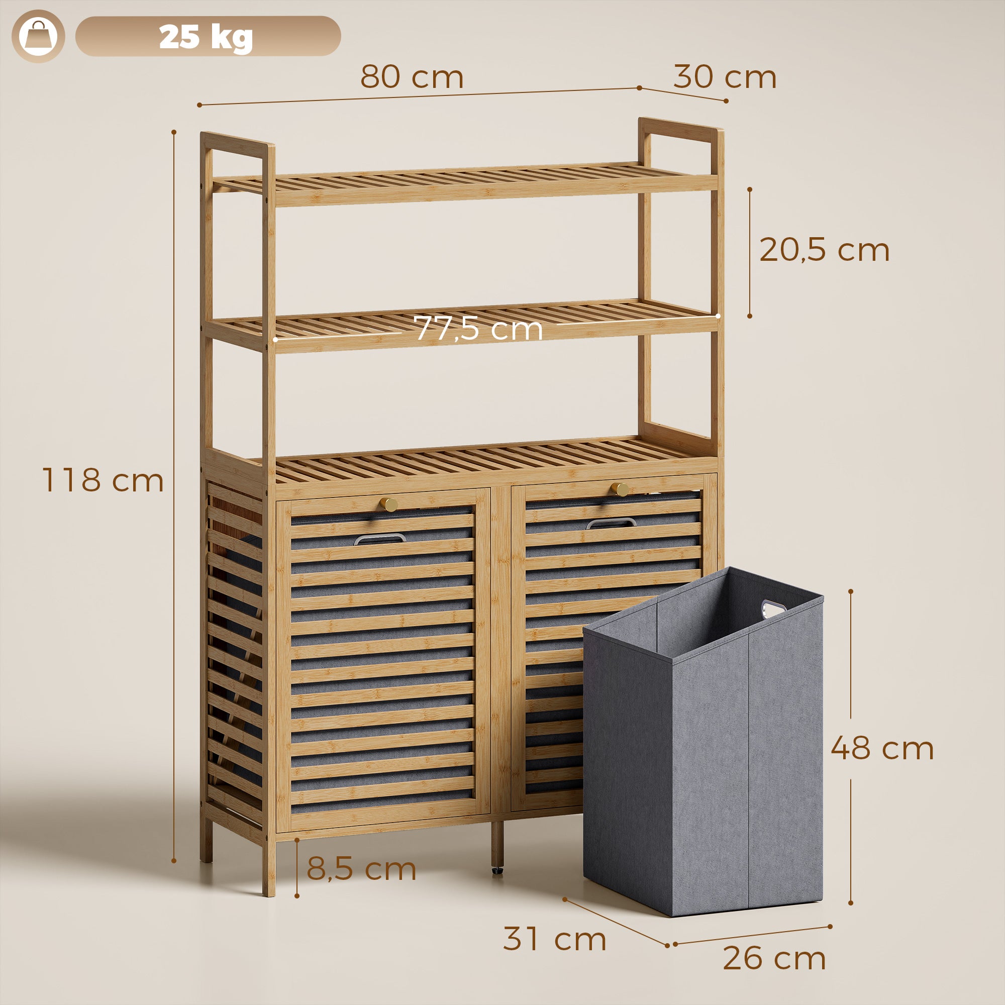 Bamboo Bathroom Cabinet with Laundry Hampers — 3-Tier Storage with 2 Removable Fabric Baskets, 31.5 x 11.8 x 46.5 in (80 x 30 x 118 cm), Oak
