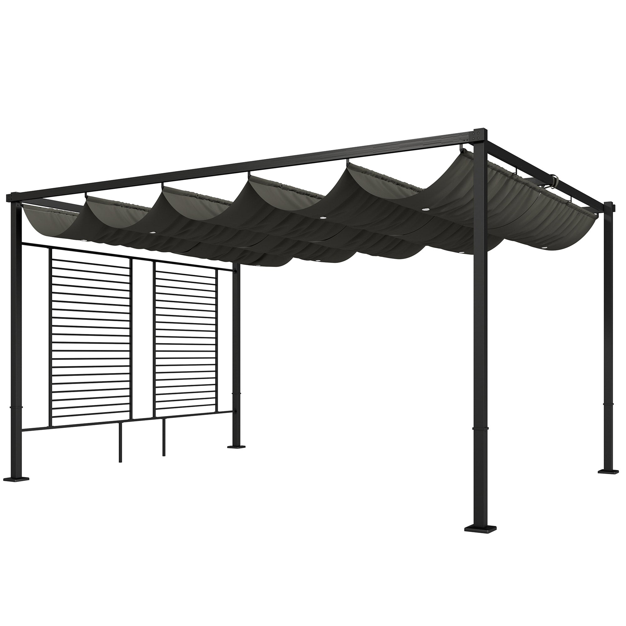 Pergola 3.87 x 2.97 m Patio Cover with Retractable Roof, 2 Privacy Panels, UV50+, Freestanding with Drainage Holes — Dark Gray