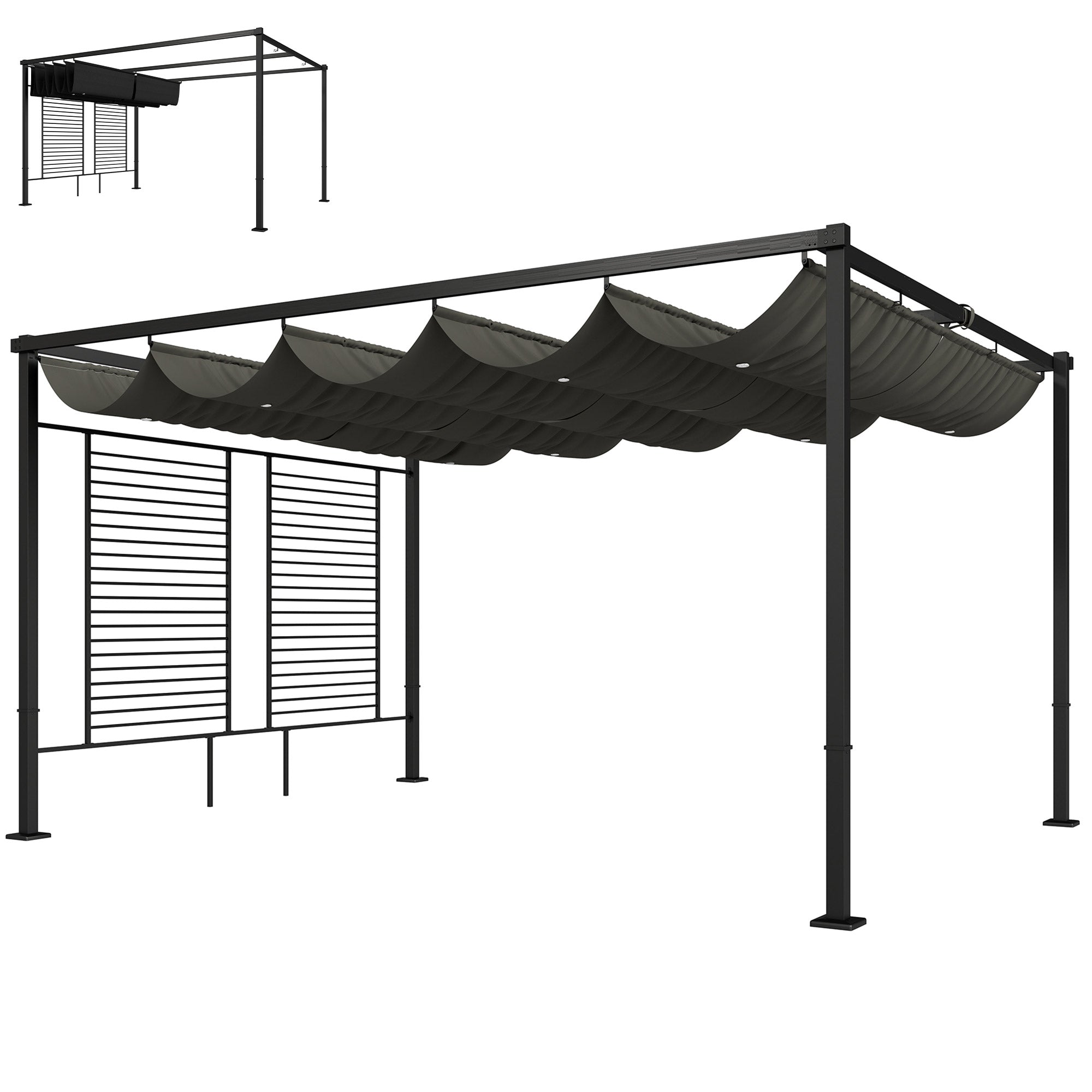 Pergola 3.87 x 2.97 m Patio Cover with Retractable Roof, 2 Privacy Panels, UV50+, Freestanding with Drainage Holes — Dark Gray