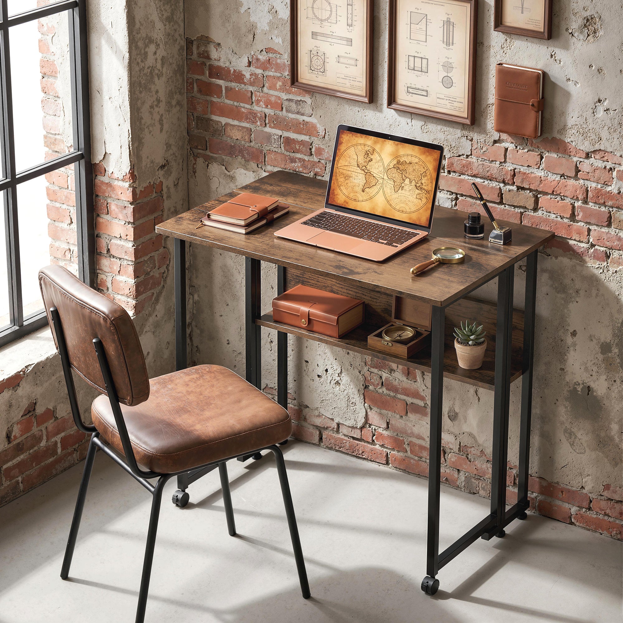 Folding Desk with Shelf, 31.5 in Computer Table for Small Spaces — Industrial Folding Desk on Wheels, Easy Assembly, Rustic Brown