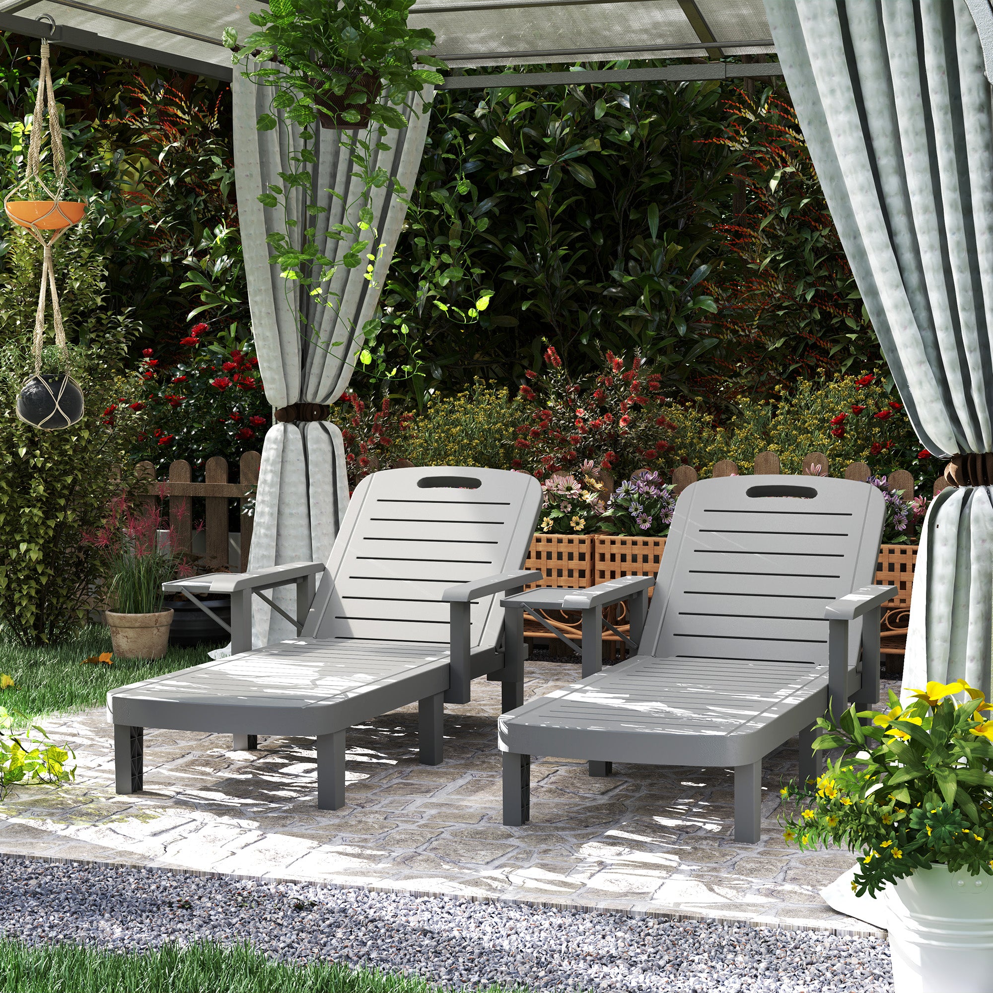 2-Piece Sun Lounger Set with Side Table, Wood-Effect Outdoor Recliners, 5-Position Adjustable Backrest, Weatherproof, Up to 265 lb Capacity, Dark Gray