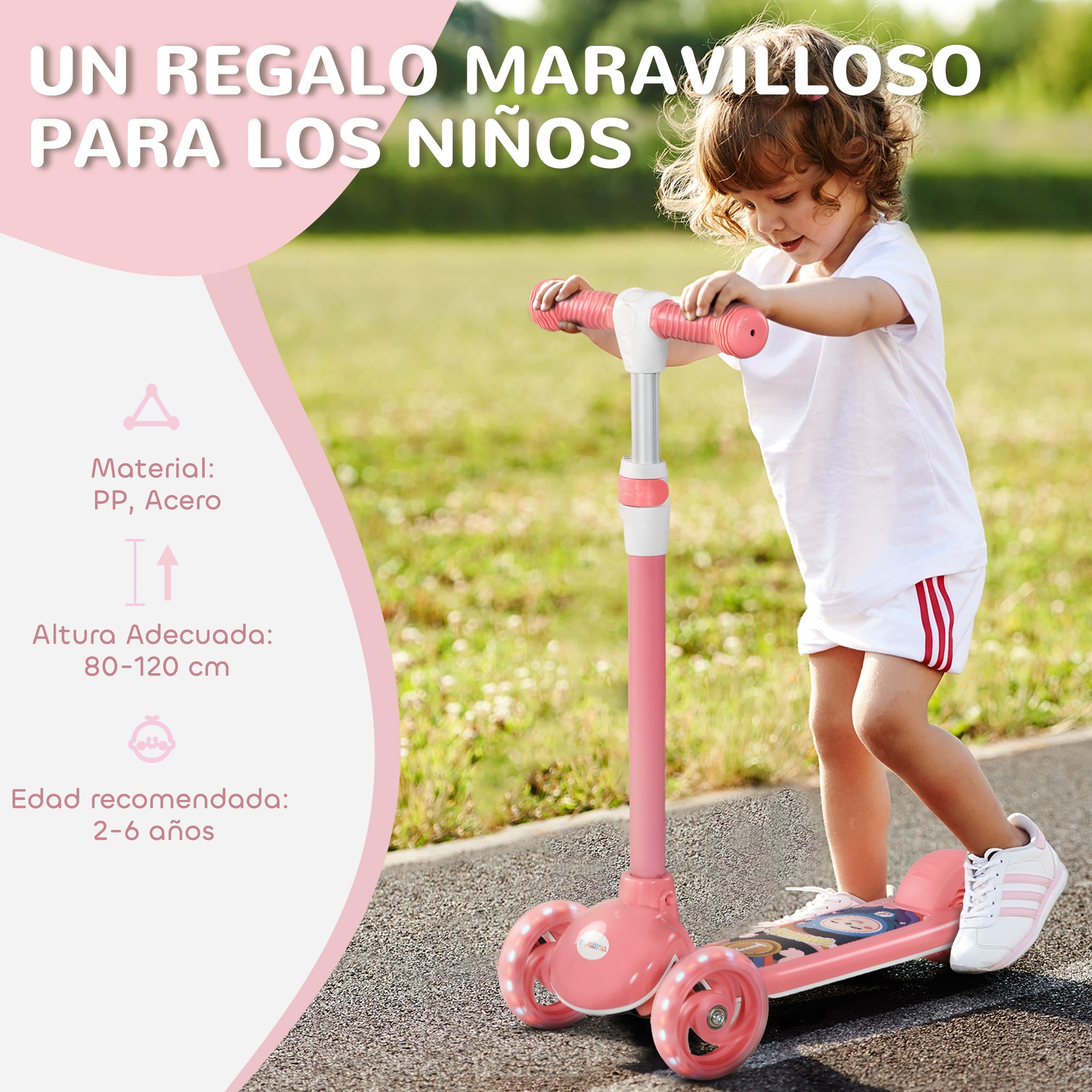 Children's Scooter for 2-6 Years Kids Kids Scooter with 3 Wheels LED Lights Adjustable Height Load 25 kg 52x29x63-76 cm Pink