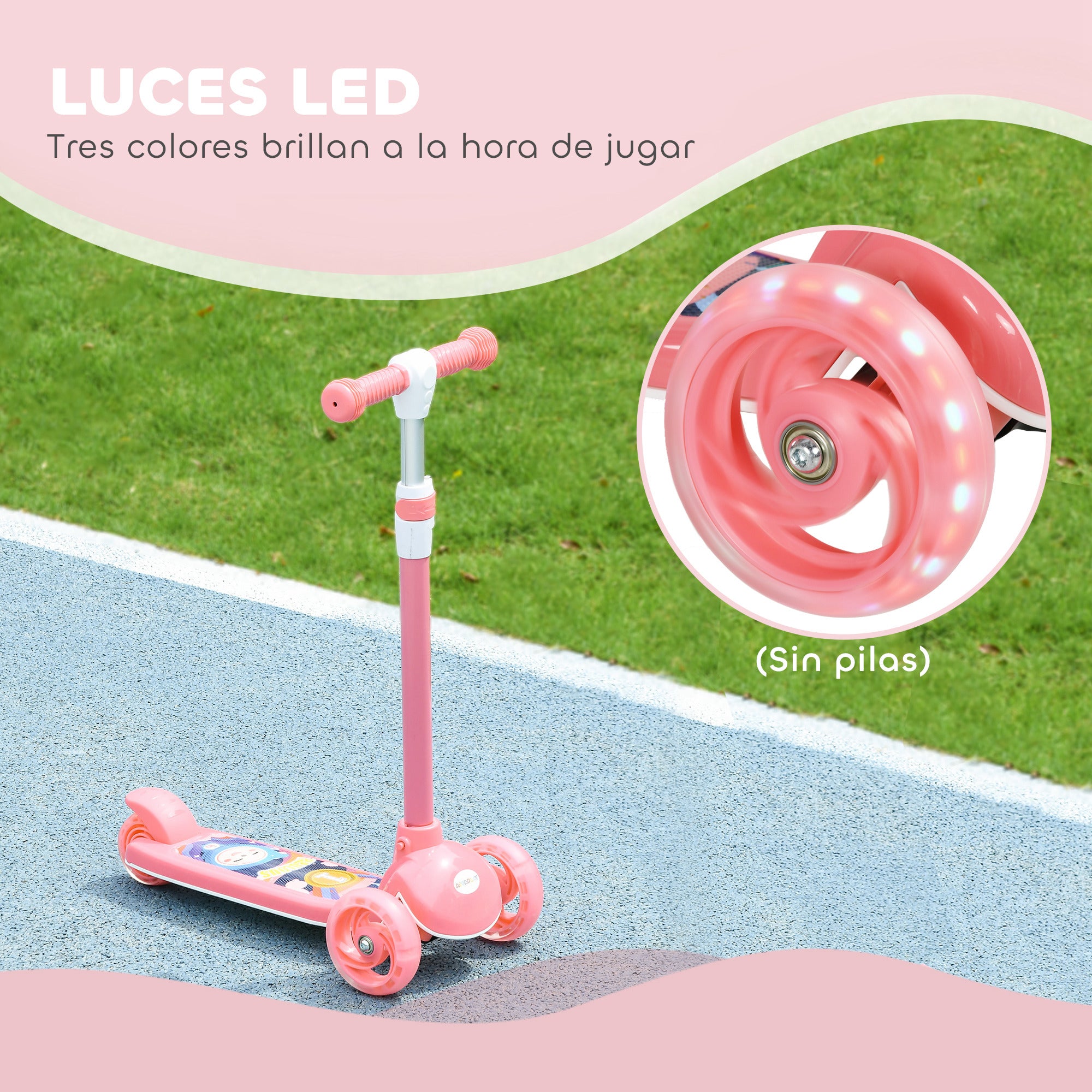 Children's Scooter for 2-6 Years Kids Kids Scooter with 3 Wheels LED Lights Adjustable Height Load 25 kg 52x29x63-76 cm Pink