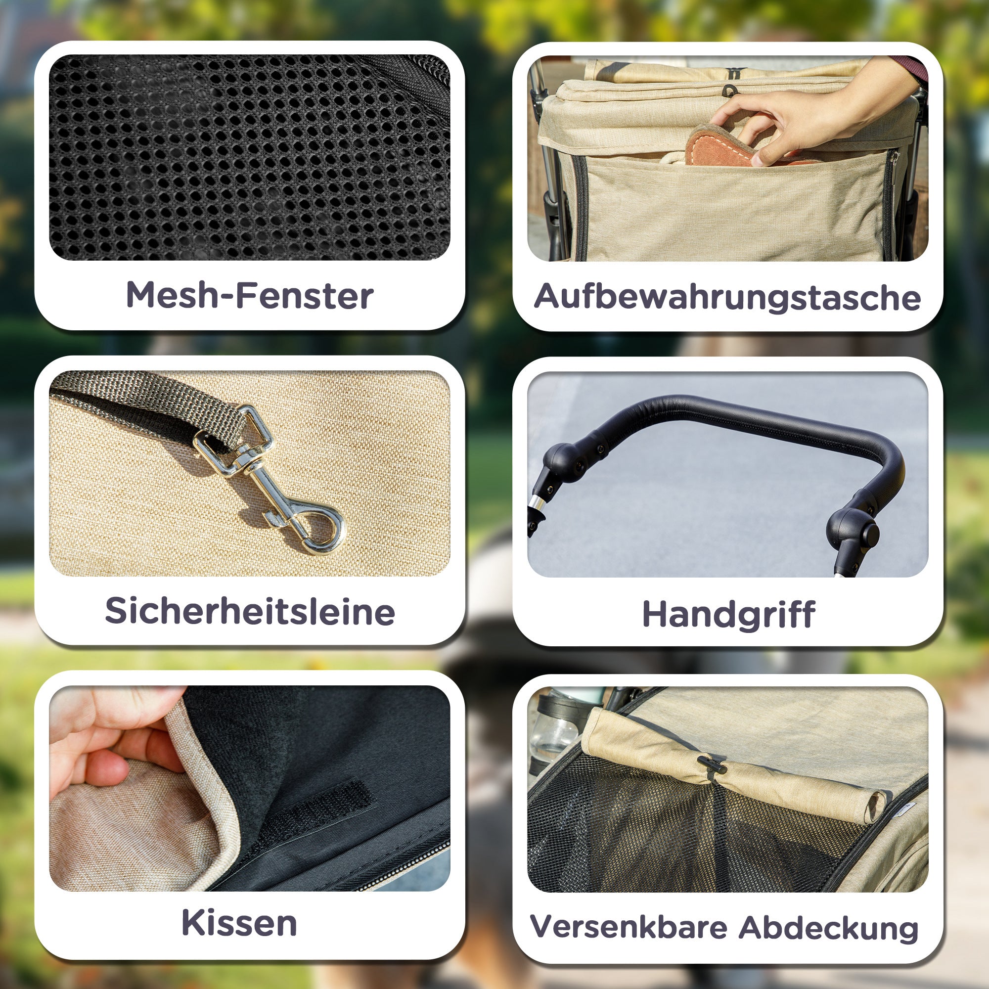 Dog Carriage Lightweight Dog Buggy Made of Aluminum Foldable for Dogs & Cats Cat Buggy with Cushion Mesh Windows Doors Storage Basket Cat Carriage Buggy Khaki