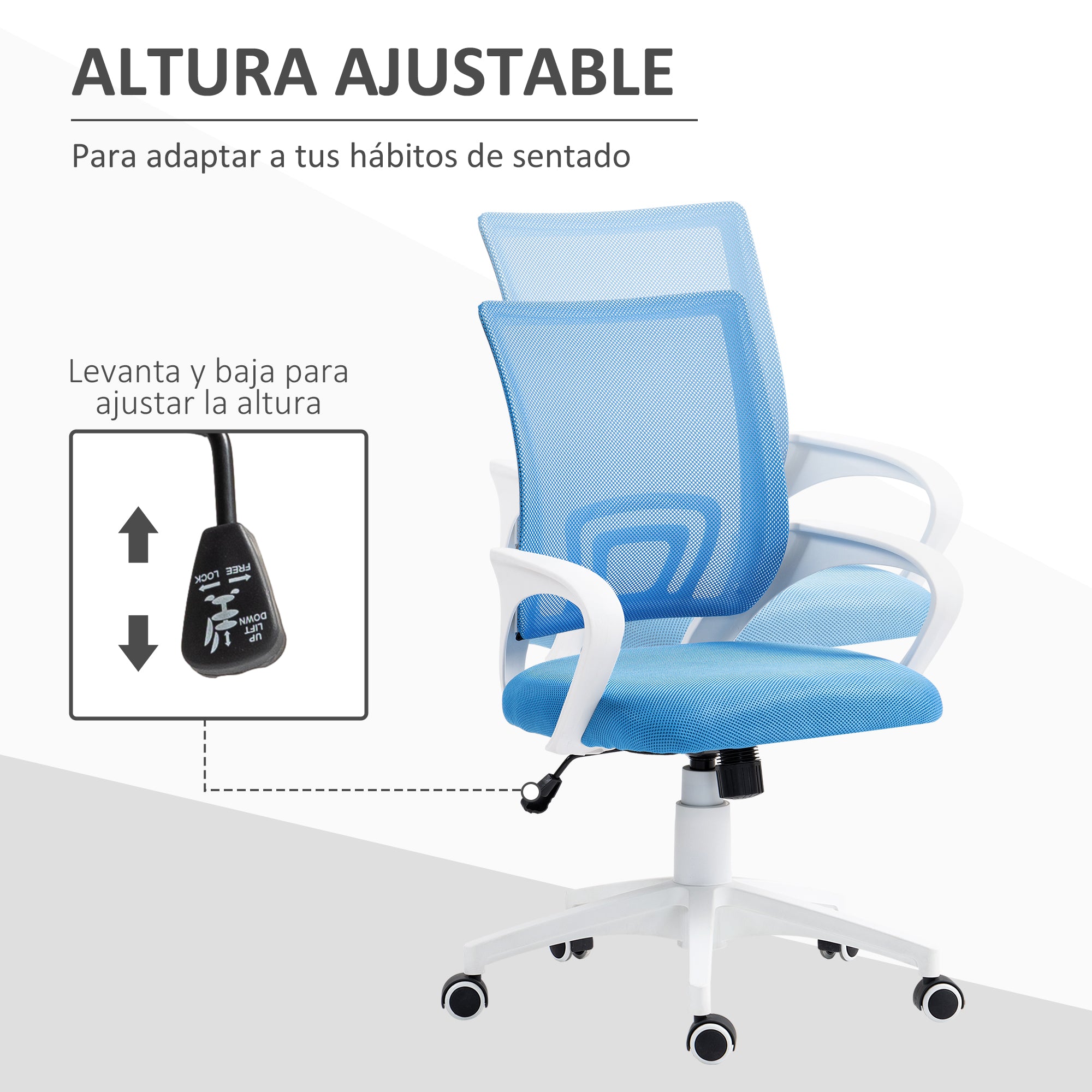 Mesh Office Chair Swivel Desk Chair with Adjustable Height Rocking Function Lumbar Support and Armrests Study Chair Load 120 kg Light Blue