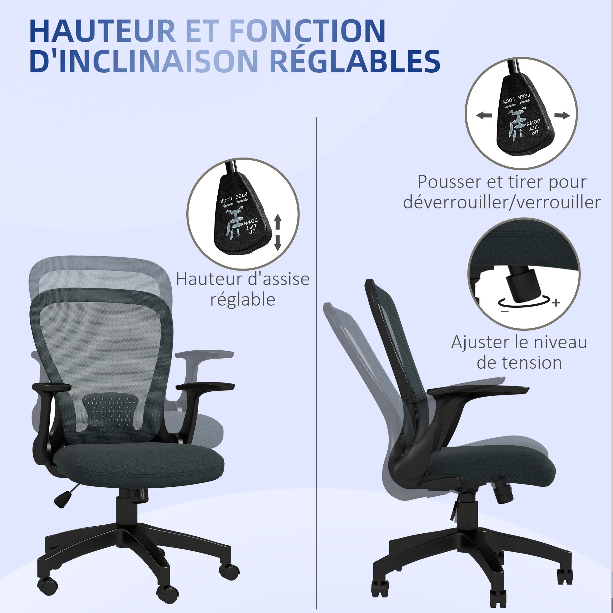 Ergonomic Office Chair, Desk Chair, Flip-up Armrests, Mesh Back, Tilt Function, 120 kg Capacity, Adjustable Height, Computer Chair, 360° Swivel, Gray