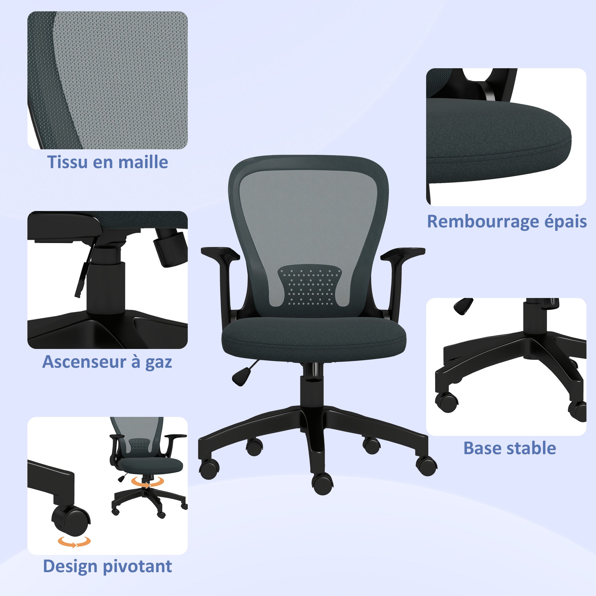 Ergonomic Office Chair, Desk Chair, Flip-up Armrests, Mesh Back, Tilt Function, 120 kg Capacity, Adjustable Height, Computer Chair, 360° Swivel, Gray
