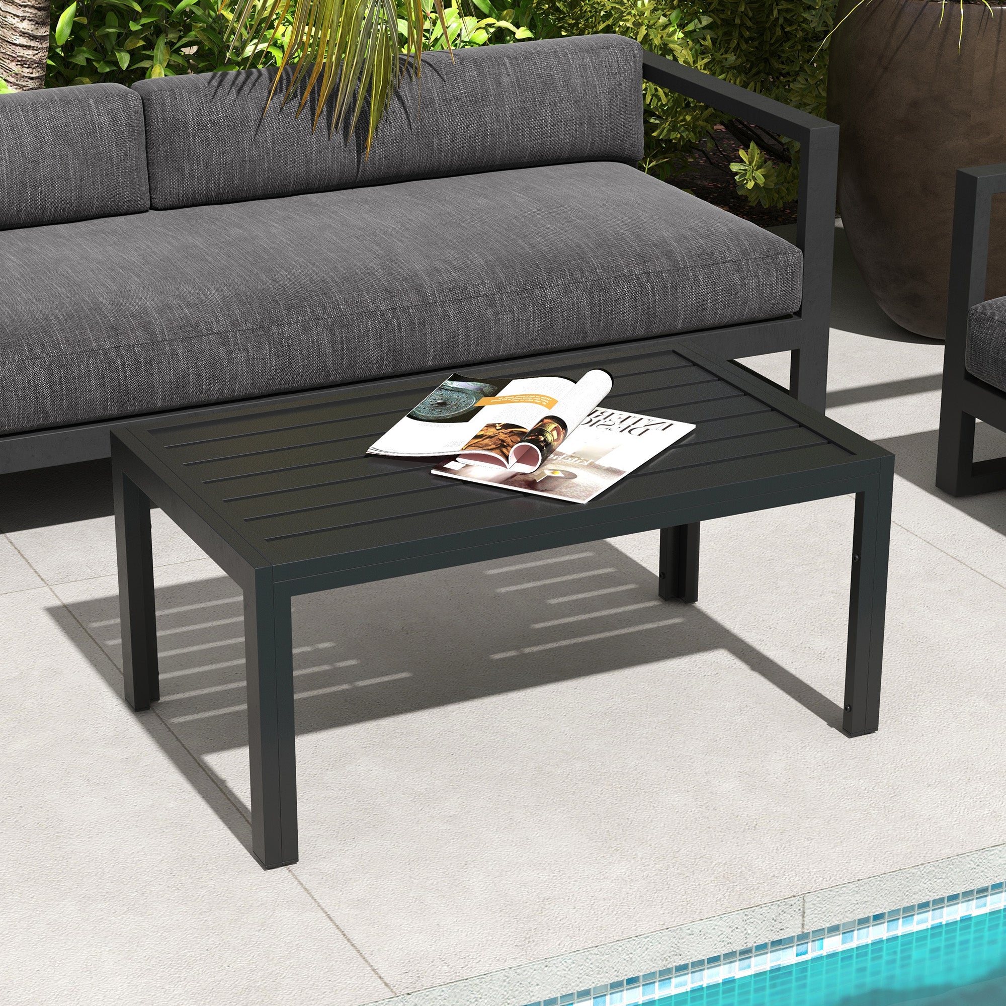 Side Table Balcony Table made of Steel Rectangular Coffee Table weatherproof Garden Table easy-care Sofa Table Outdoor Table for Balcony Garden Terrace Porch Living Room, 101.5x61x46 cm Black
