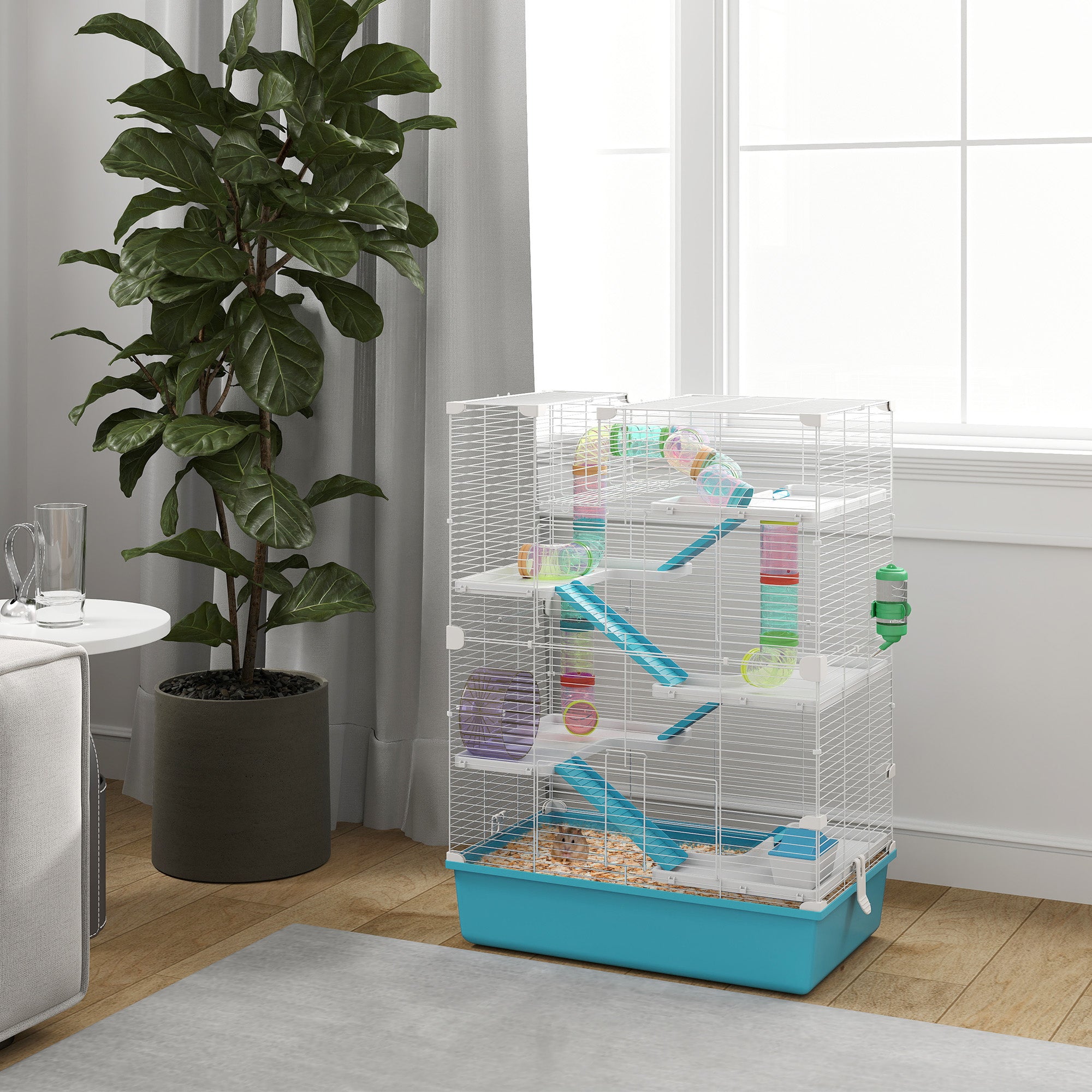 Hamster Cage, 6-Story Small Animal Cage with Tubes, Tunnels, Hut, Wheel, Feeding Bowl, Water Bottle, Ramps, for Dwarf Hamsters and Gerbils, 58 x 36 x 81 cm Light Blue