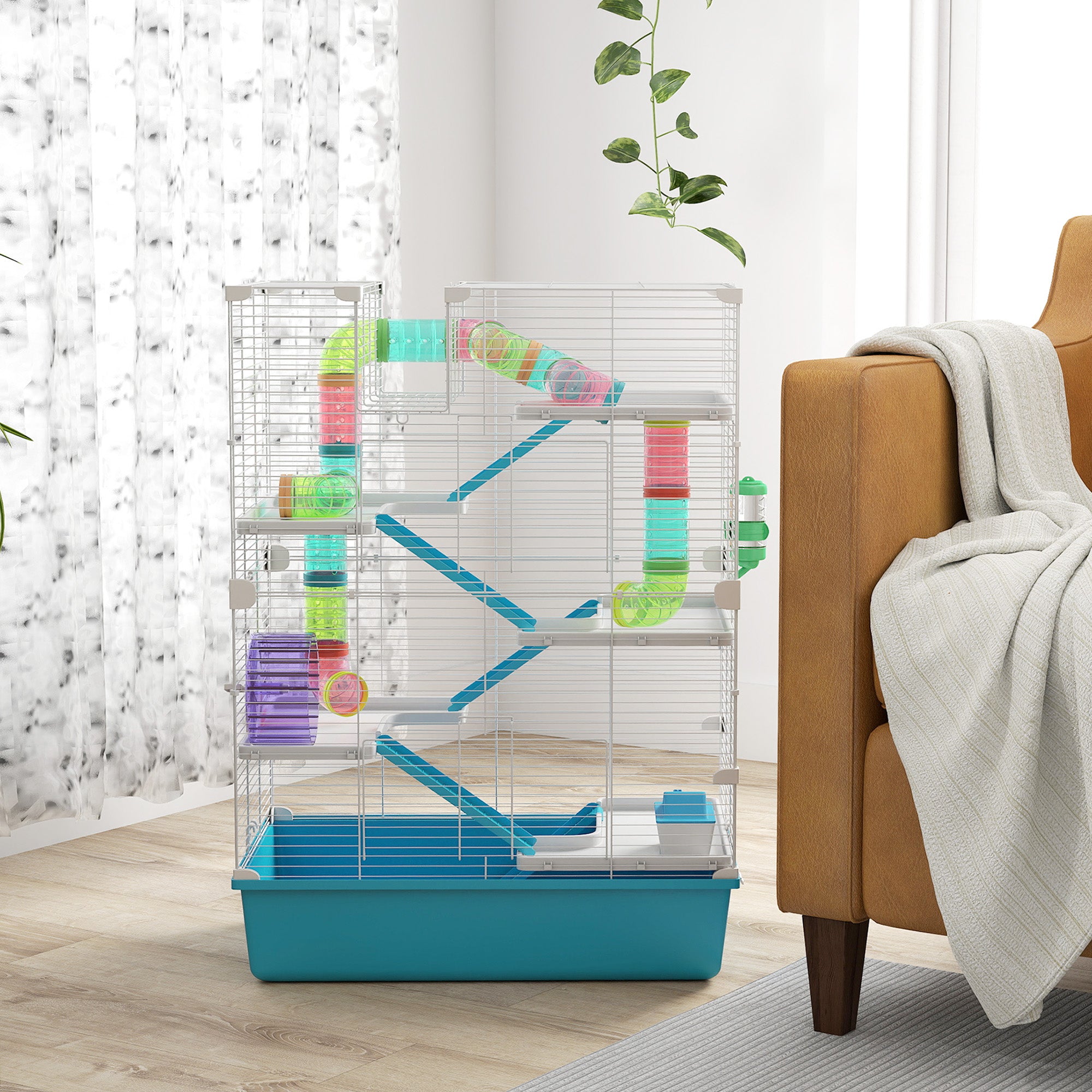 Hamster Cage, 6-Story Small Animal Cage with Tubes, Tunnels, Hut, Wheel, Feeding Bowl, Water Bottle, Ramps, for Dwarf Hamsters and Gerbils, 58 x 36 x 81 cm Light Blue