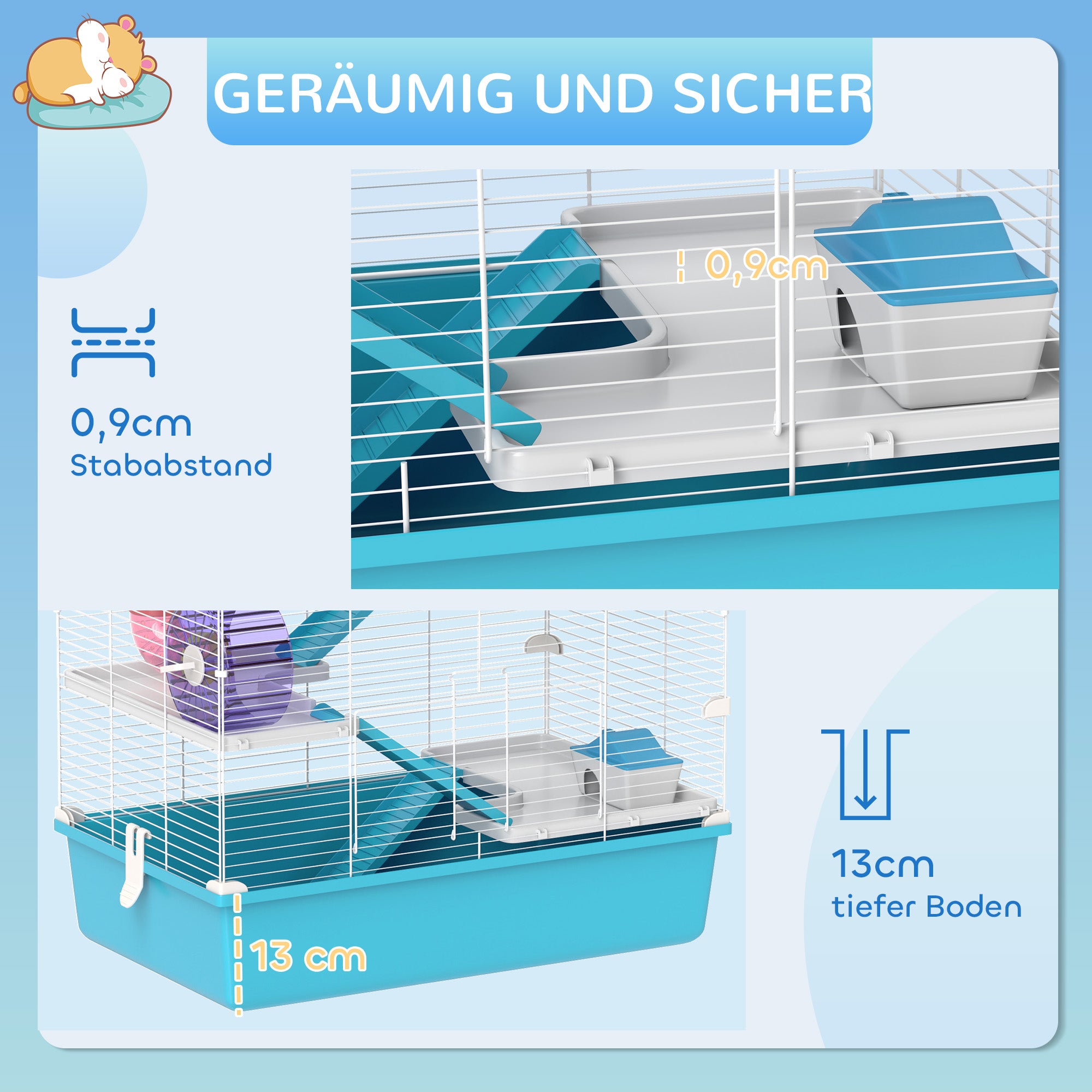 Hamster Cage, 6-Story Small Animal Cage with Tubes, Tunnels, Hut, Wheel, Feeding Bowl, Water Bottle, Ramps, for Dwarf Hamsters and Gerbils, 58 x 36 x 81 cm Light Blue