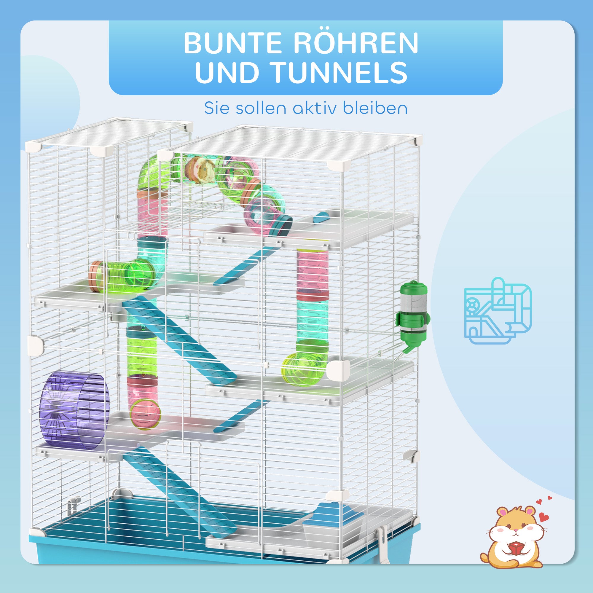 Hamster Cage, 6-Story Small Animal Cage with Tubes, Tunnels, Hut, Wheel, Feeding Bowl, Water Bottle, Ramps, for Dwarf Hamsters and Gerbils, 58 x 36 x 81 cm Light Blue