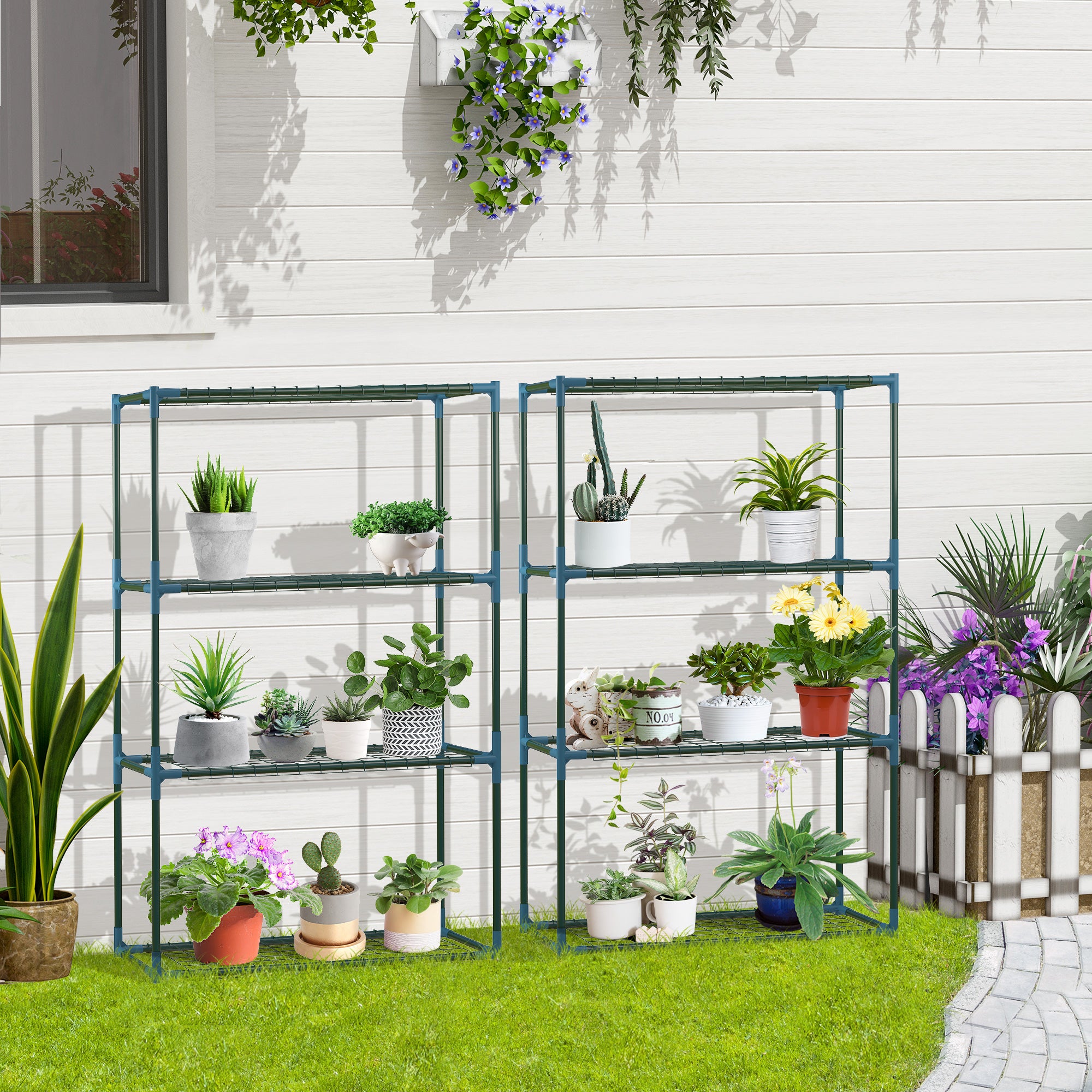 Plant Rack 2-Pack, Plant Stand with 4 Tiers, Flower Stand, Flower Shelf for Balcony, Garden, Greenhouse, Steel, Green, 70 x 27 x 110 cm
